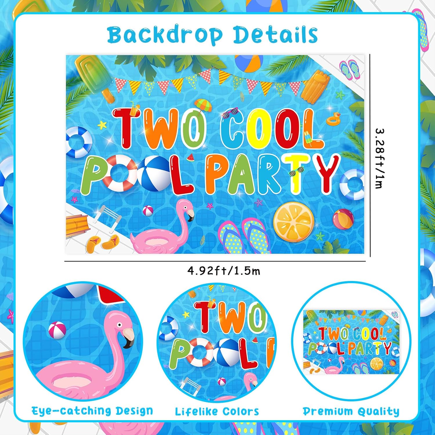 Two Cool Pool Birthday Party Decorations Summer Swimming Pool 2nd Birthday Party Supplies with Two Cool Backdrop Summer Beach Happy Birthday Banner Cake Topper Beach Ball for 2 Years Old - Image 5