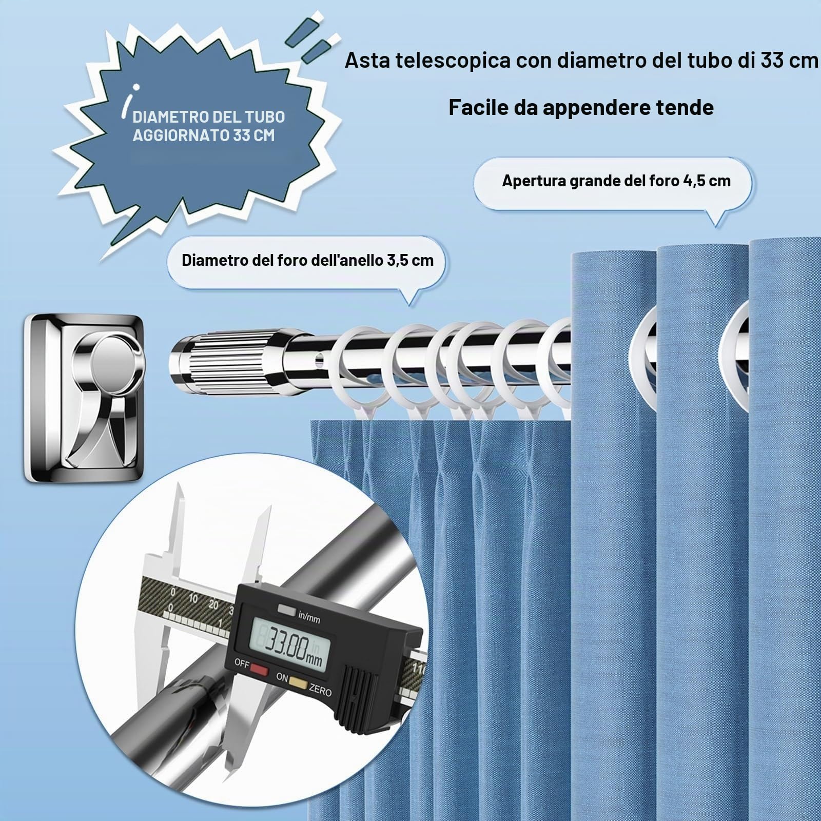 Bastone tenda senza fori, 410-500 cm, 360-450 cm, 310-400 cm, antiscivolo, telescopico, per bagno, armadietti e finestre