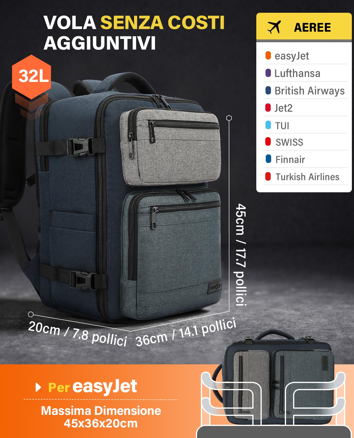 VANKEV EasyJet Lufthansa British Airways Jet2 Zaino da Viaggio Aereo 45x36x20cm-32L, Bagaglio a Mano Per Viaggio Zaino per Laptop Adatto da 15,6 Pollici Blu Ardesia