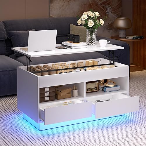 Miniatura 10 de HOMMPA Morden - Mesa de centro elevable con LED de almacenamiento, mesa de centro negra de alto brillo, mesa de té moderna de 4 niveles con mesas