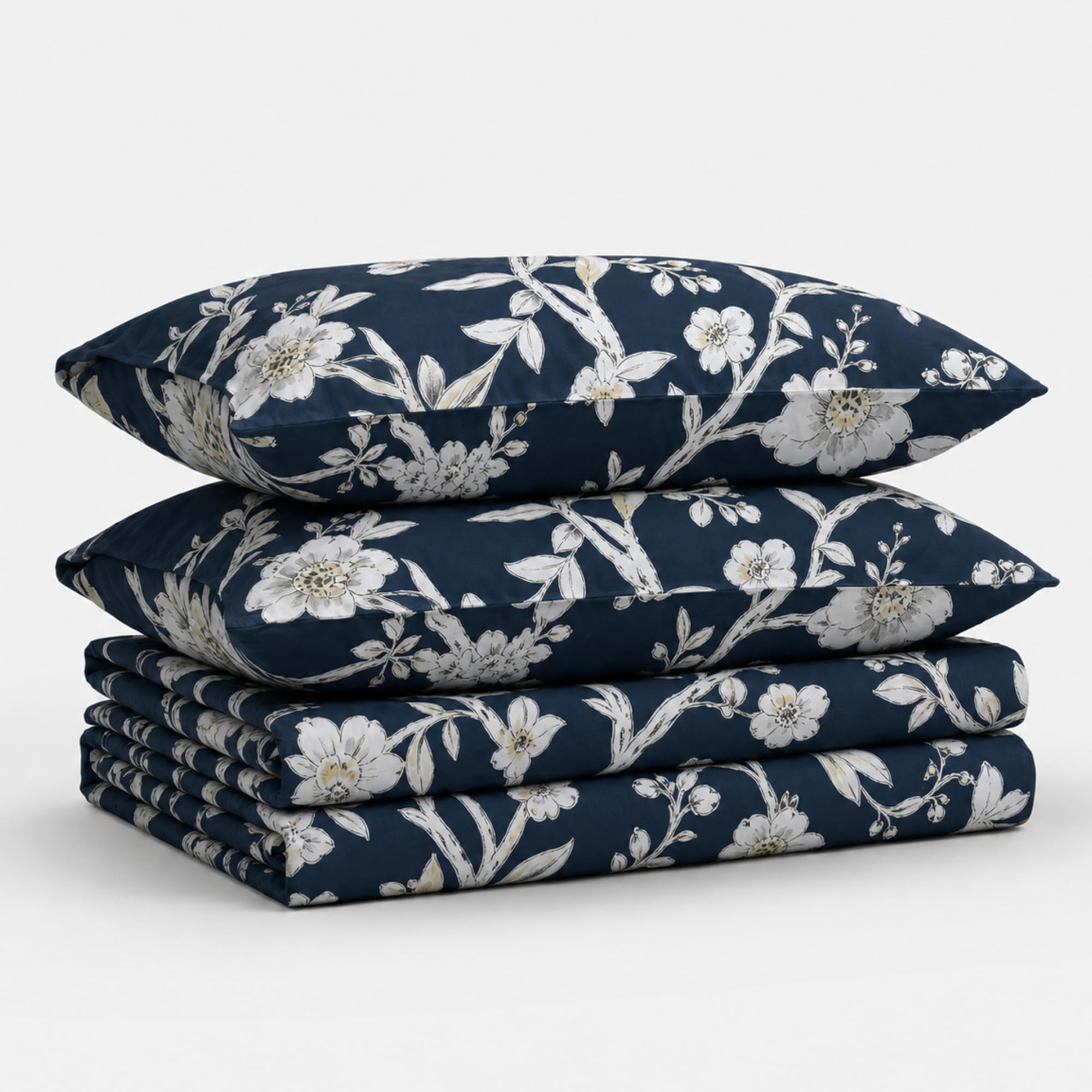 Tribeca Living Soft Cotton Sateen Floral Print, Extra Deep Pocket, 300 Thread Count, 4-Piece Bed Sheet Set, Full Size, Colmar Navy Blue/Multi