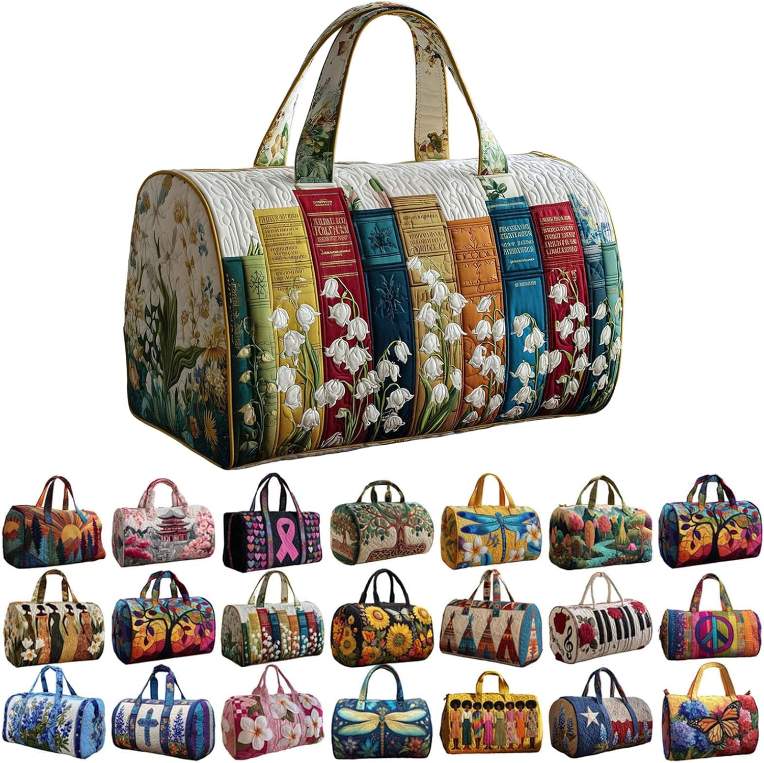 Quilted Duffle Bag,Handmade Retro Book Travel Bags for Everyday Travel,Funny Shopping Work Canvas Bag (I, 40x20cm)