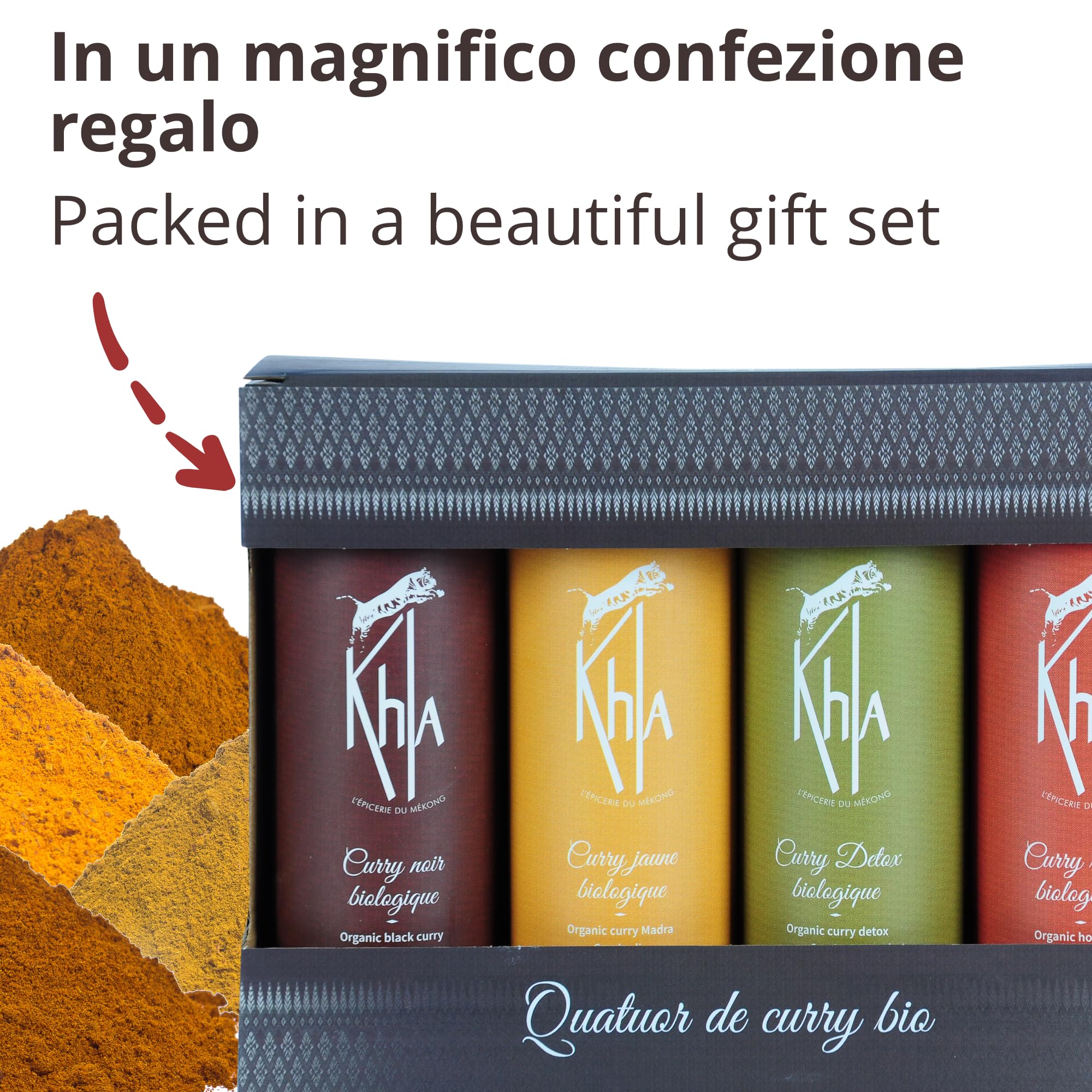 Khla - Confezione di 4 Curry Biologici - Curry Giallo, Curry Nero, Curry Rosso & Curry Detox Verde - Polvere 4x 100 g - Miscele Esclusive - Set Regalo Spezie Natale Compleanno - Origine Cambogia