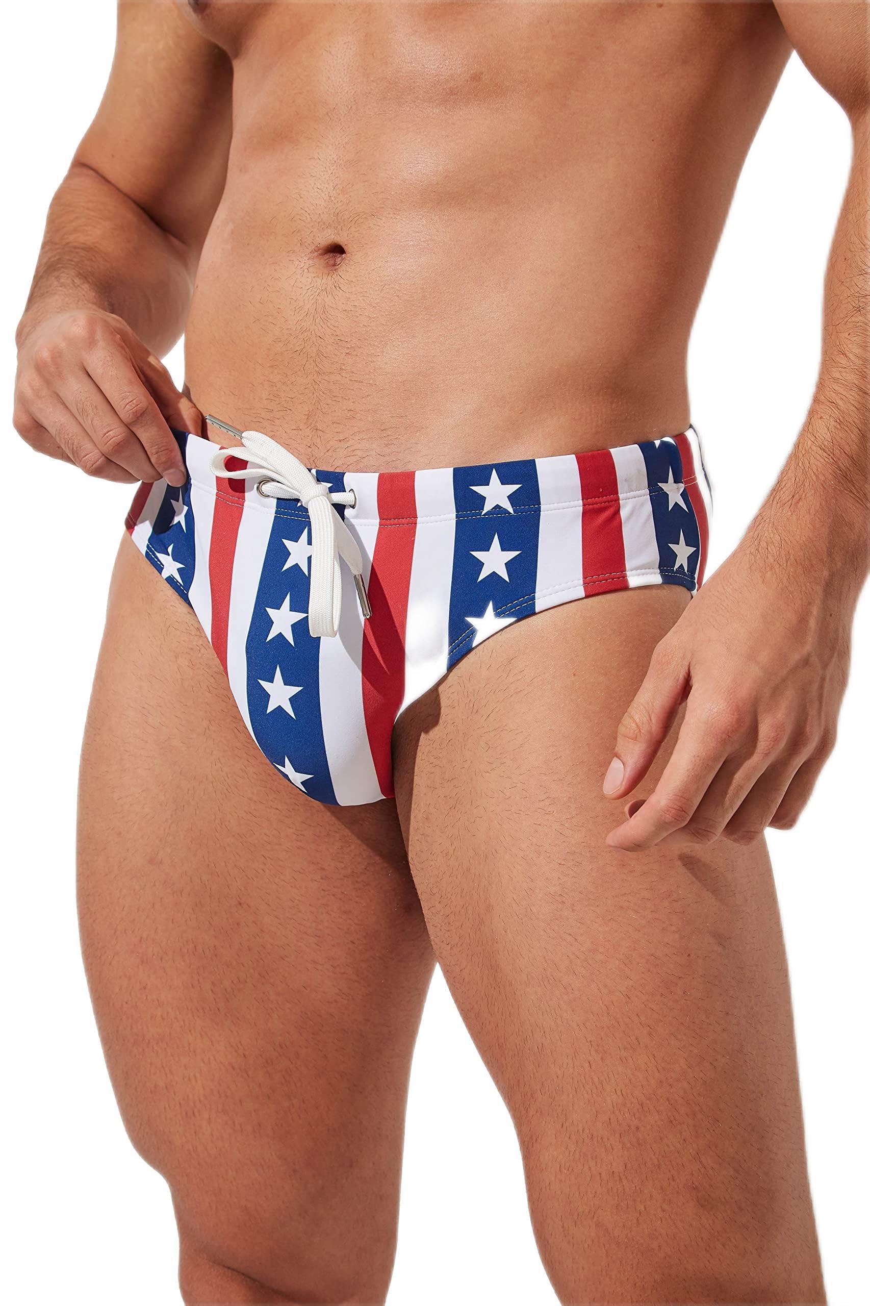 Mens Removable Pad Quick Dry Print Swim Briefs Adjustable Drawstring Surfing Short