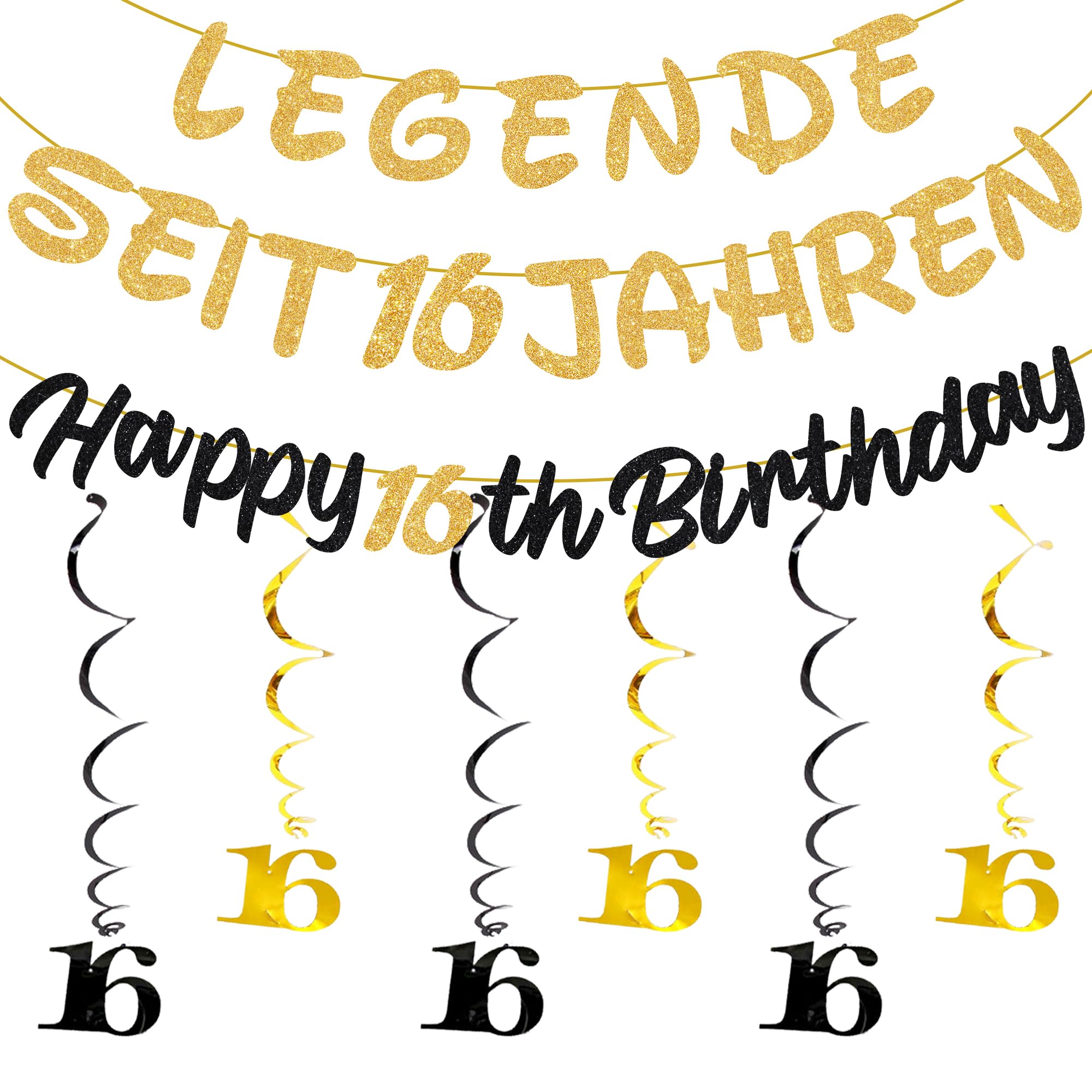 Girlande Geburtstag Mädchen Junge - 42 Stücke Geburtstagsdeko Banner, Schwarz Gold Dekorationen Spiralen Hängedeko Happy Birthday Hängende für Kinder Party