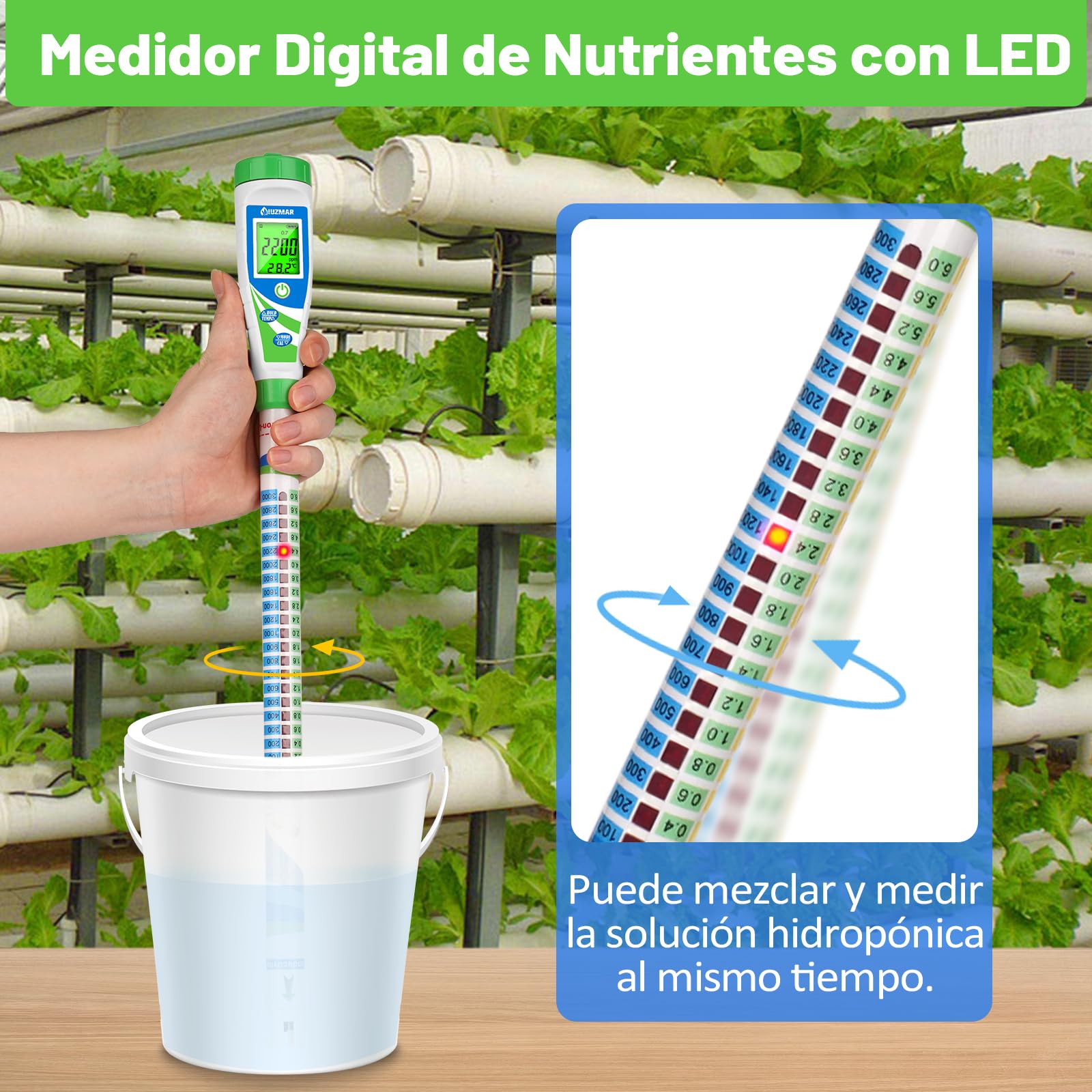 UIUZMAR Medidor de EC Agua Hidroponia, Medidor de Conductividad PPM CF | Medidor de Agua TDS 5 en 1, Conductimetro Portatil (EC, PPM 500, PPM 700, CF, Temp) con Porra para Hidroponía, Acuario