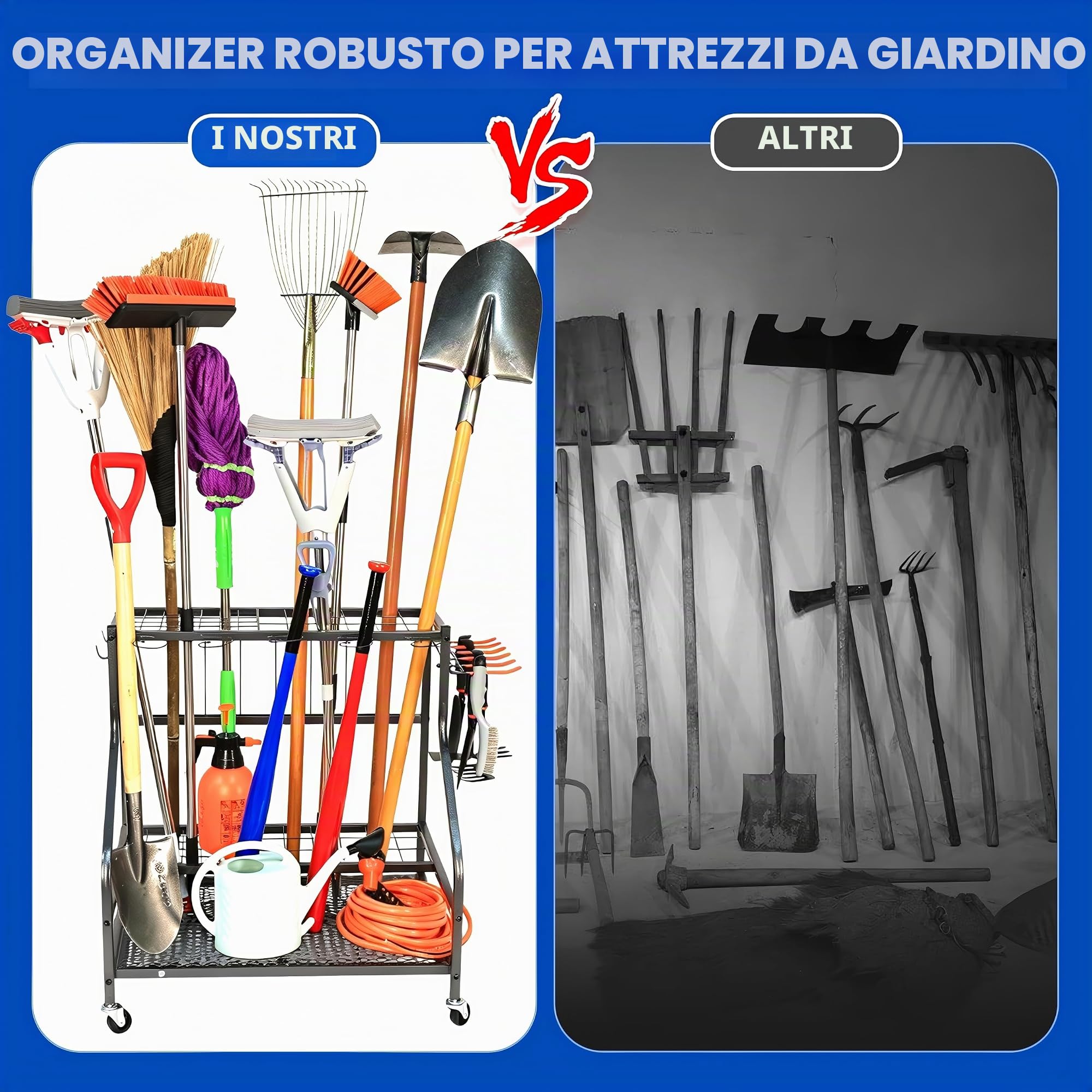 Sinoer Scaffale per attrezzi da giardino con ganci e ruote, organizer per garage, ripiani in metallo a 3 livelli, supporto per prato, capannone e cortile