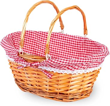 ADEPTNA Lightweight Wicker Shopping Basket with Foldable Handles   Handwoven Willow Hamper with Red Gingham Cotton Liner   Gift, Picnic, Easter, Toy, Garden, Storage Basket SMALL