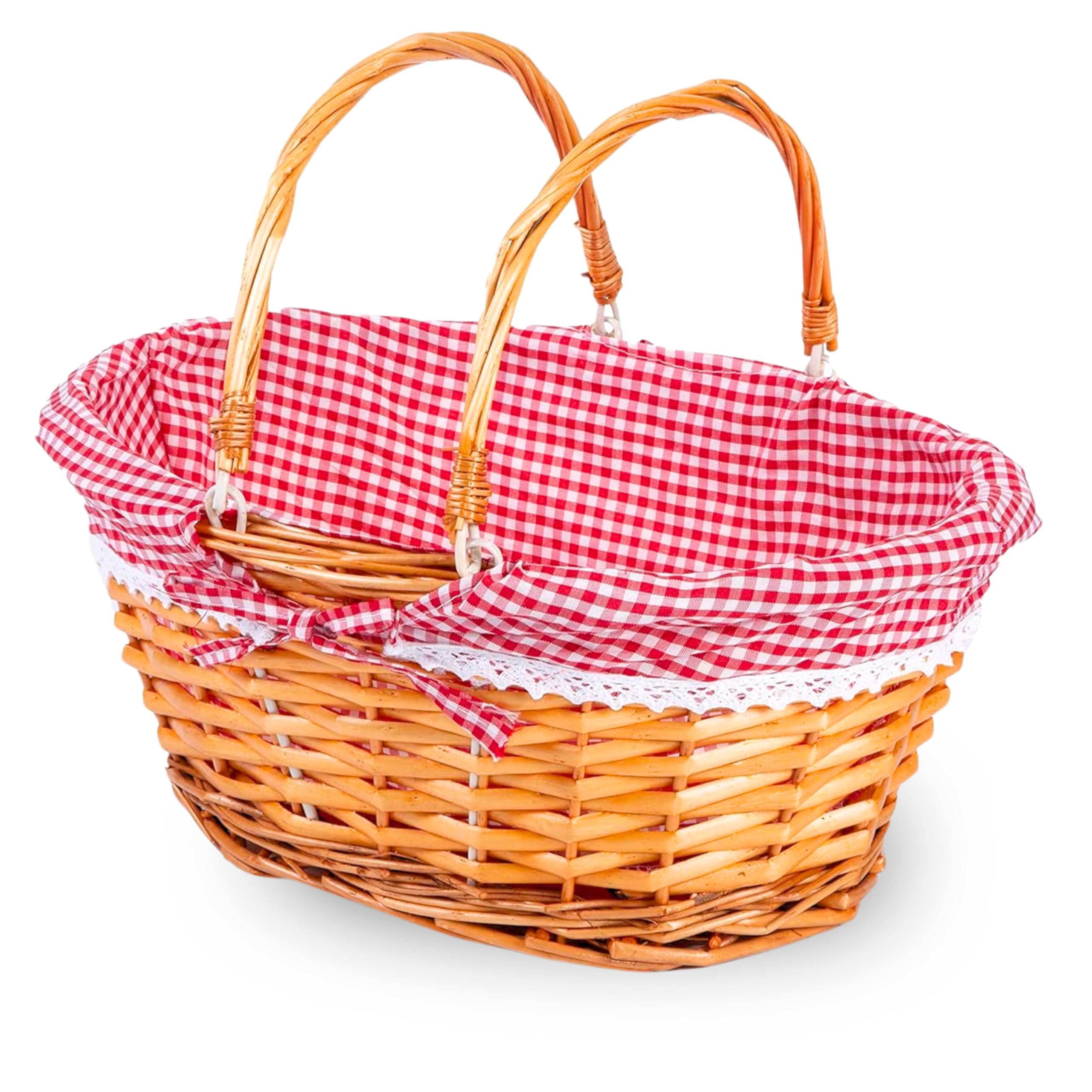 Adeptna Brown (With Red Liner) Lightweight Wicker Shopping Basket With Foldable Handles – Handwoven Willow Hamper With Red Gingham Cotton Liner – Gift, Picnic, Easter, Toy, Garden, Storage Basket (Small)