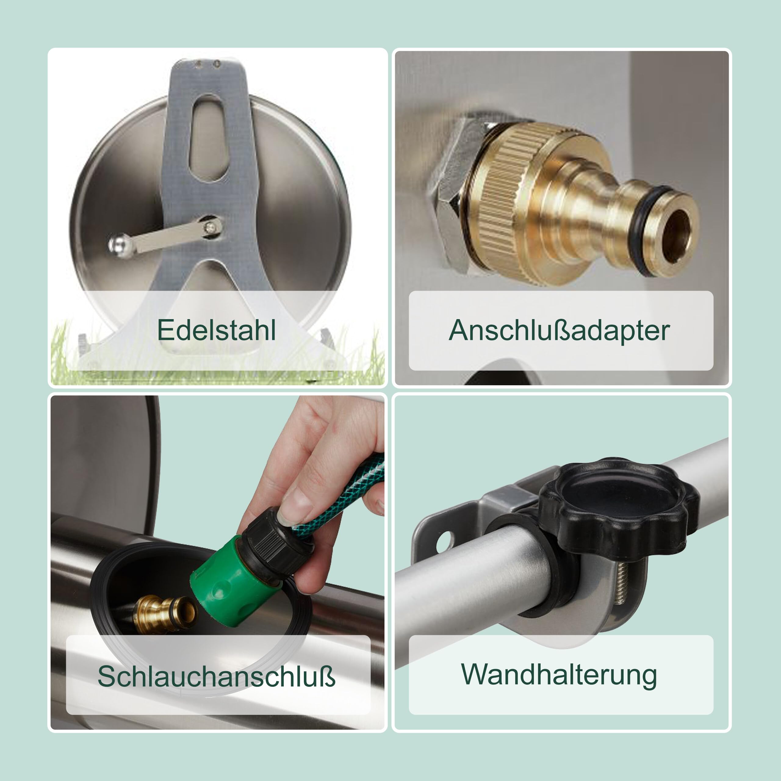 Relaxdays Schlauchtrommel, Edelstahl, für 50 m 1/2" Schlauch, Boden, Wand, HBT: 31 x 50 x 36 cm, Schlauchwickler, silber