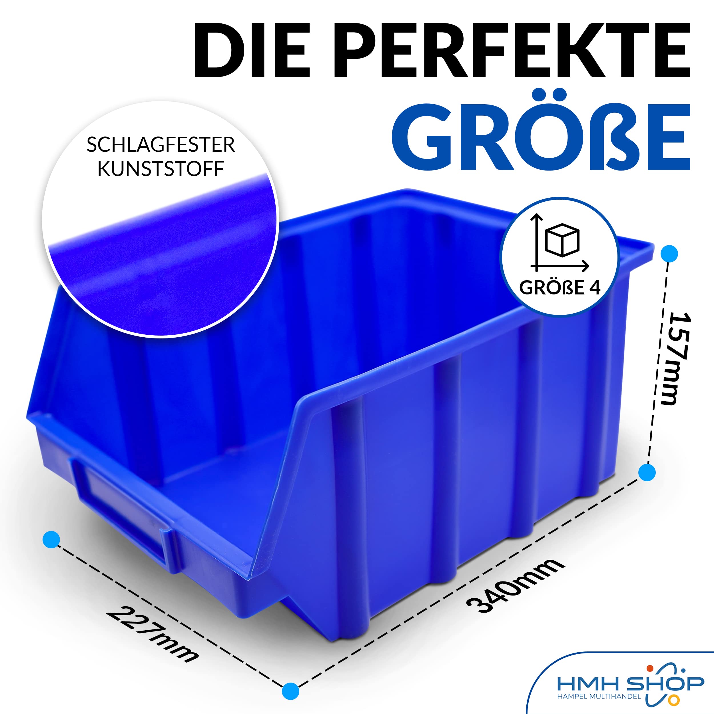 HSM 15 Stapelboxen Gr. 4 Stapelkästen Stapelkisten Sichtlagerkästen 340x222x157 mm (Blau, Polypropylen (PP))