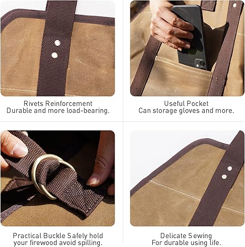 Miniatura 2 de Bolsa de lona encerada, soporte de leña extra grande y duradero con asas y correa para el hombro, bolsa de transporte de madera resistente para