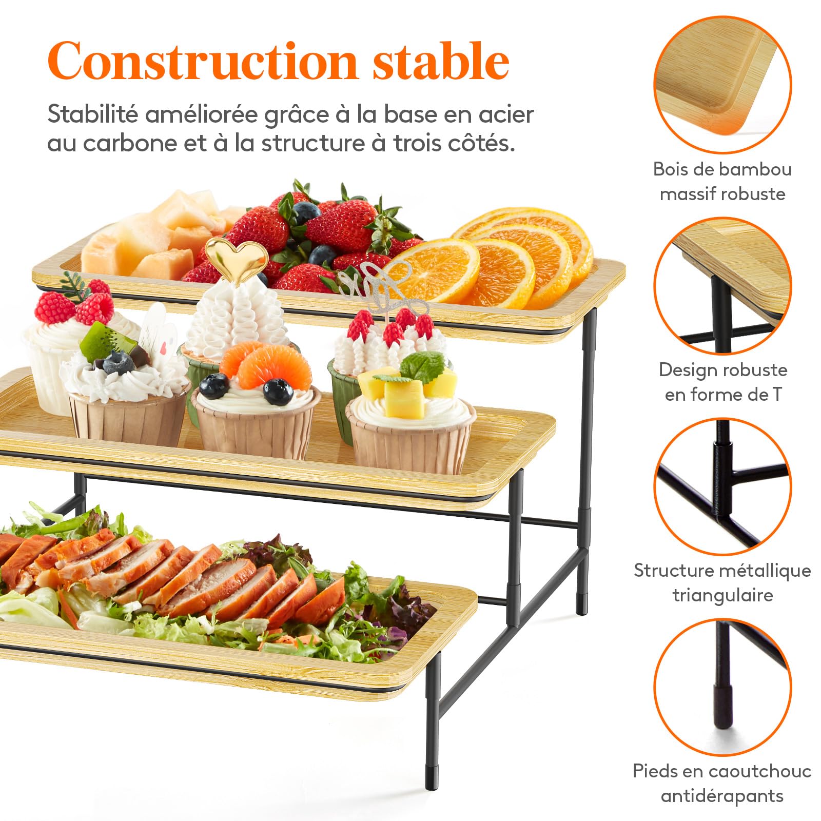 Lifewit Plateau de service 3 étages en bambou - 30 x 17 cm - Support métal noir - Accessoires de fête, buffet - Réutilisable pour légumes, fruits, desserts