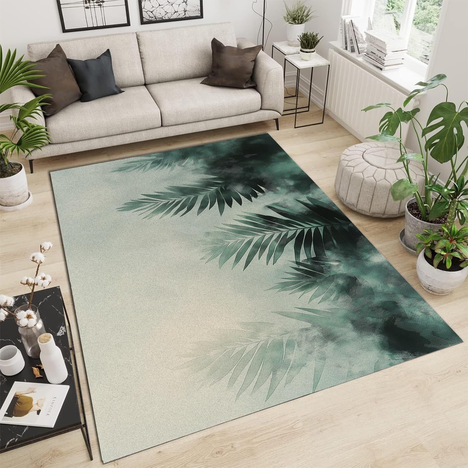 Tapis de salon 200x300cm grand tapis moderne feuilles vertes antidérapant poils ras