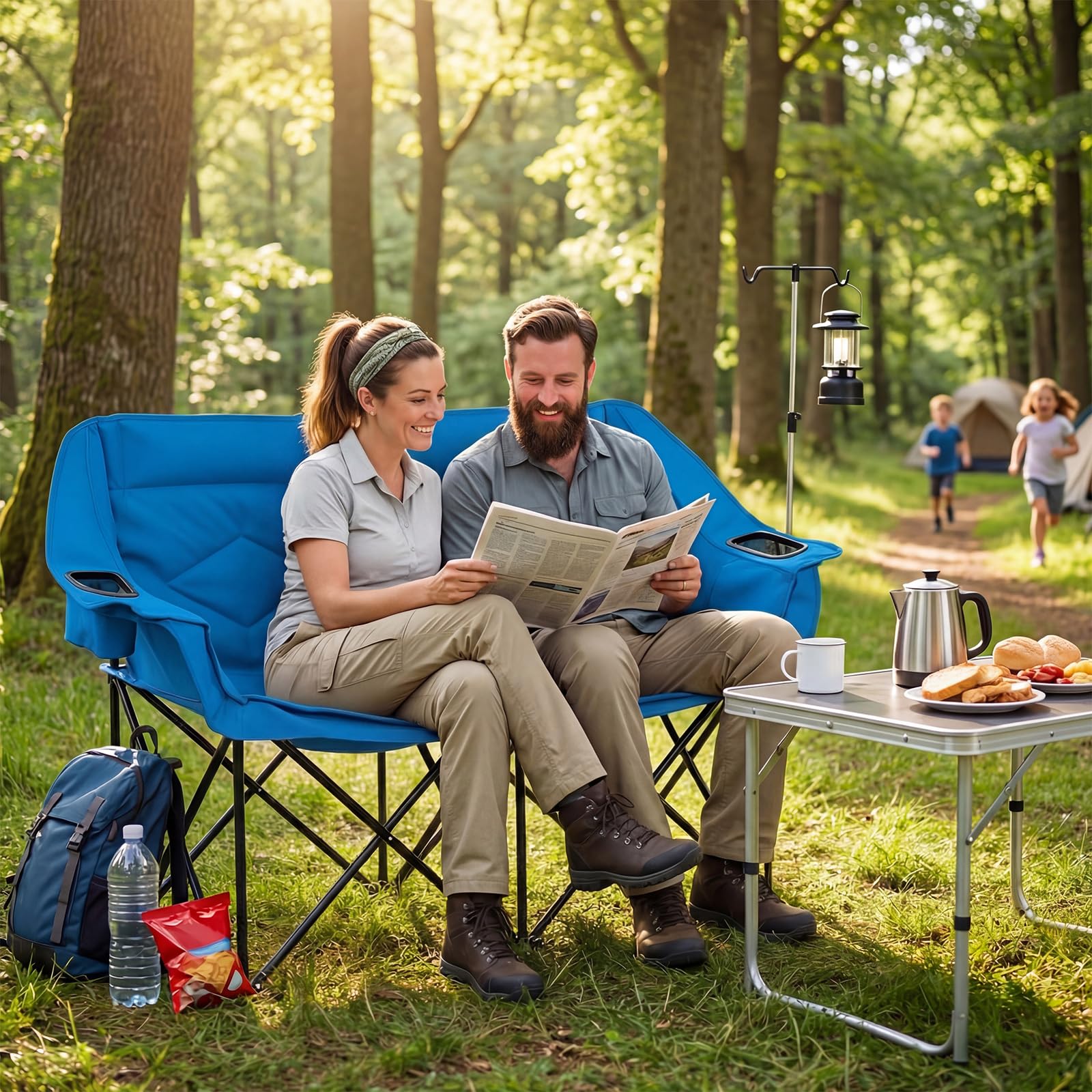 COSTWAY Campingstuhl faltbar für 2 Personen, XXL Campingsofa mit Getränkehaltern, Glashaltern und Netztaschen, 300 kg Tragfähigkeit, gepolsterter Klappstuhl, Faltsofa, Campingcouch