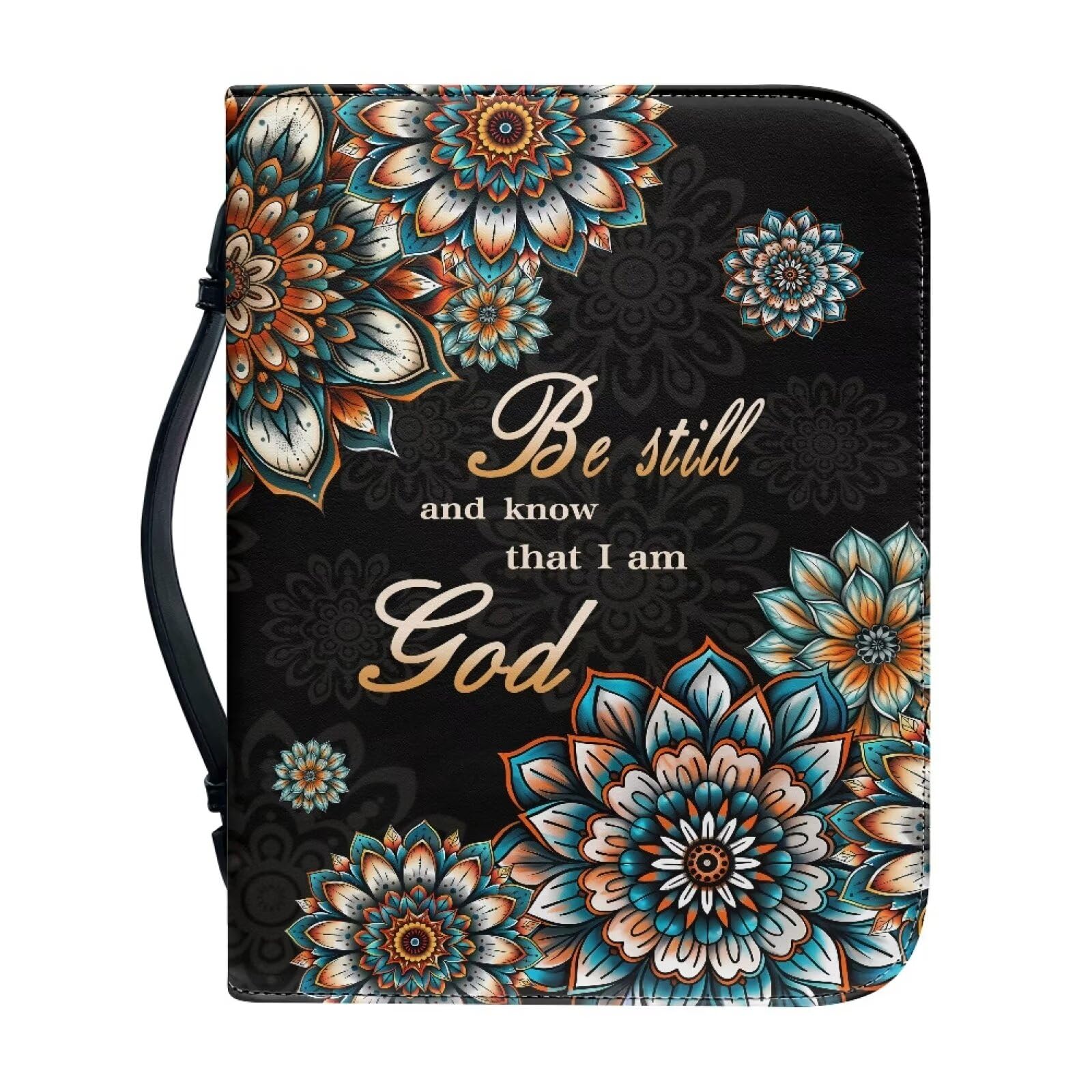Talayituse Boho Mandala Cross Print Faux Leather Bible Cover for Men Women Be Still and Know That I am God Christian Bible Case with Handle Carrying Book Case Protector Bible Tote Handbag Gifts, M โ image 1