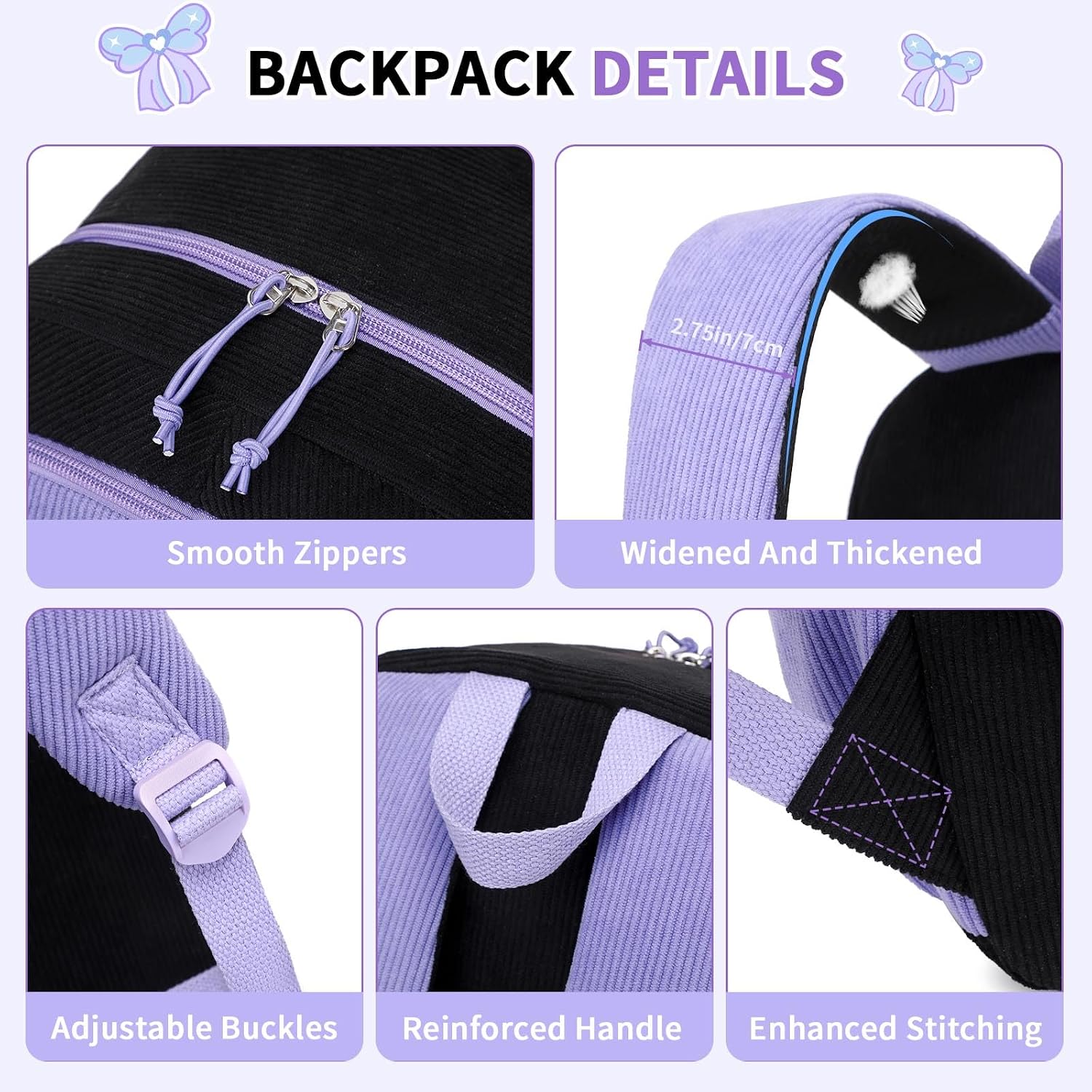 MUSEVOS School Backpack for Teen Girls, Cute Corduroy Backpack for Elementary Middle School with Multi-Pockets Black/Purple