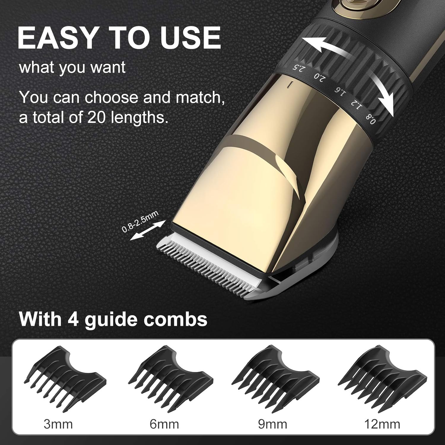 Close-up of nooa hair clipper showing adjustable length dial and four guide combs