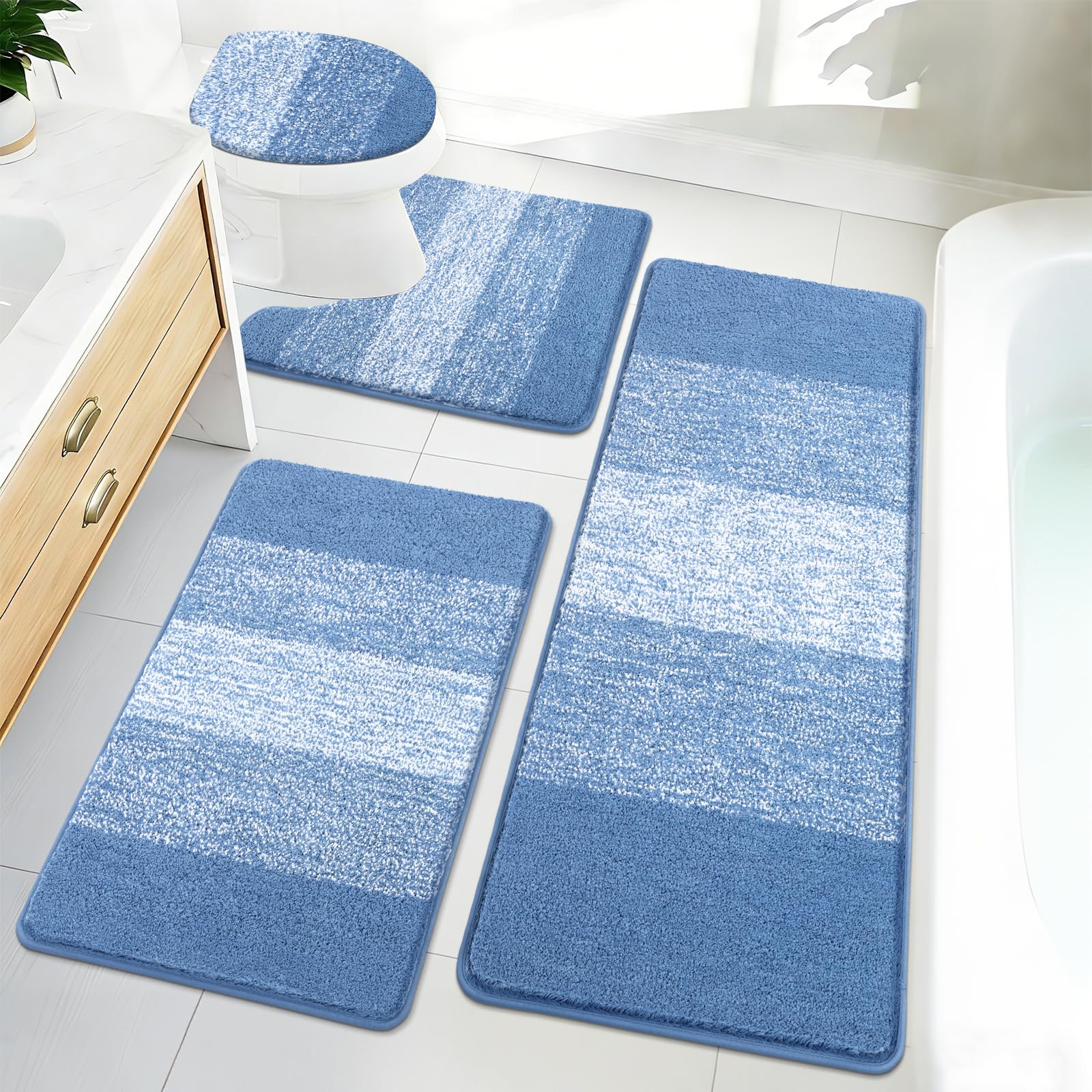 Bsmathom Bathroom Rugs Sets 4 Piece with Toilet Lid Cover, Non Slip Washable Bath Mats for Bathroom, Soft Absorbent Bathroom Mats with U-Shaped Toilet