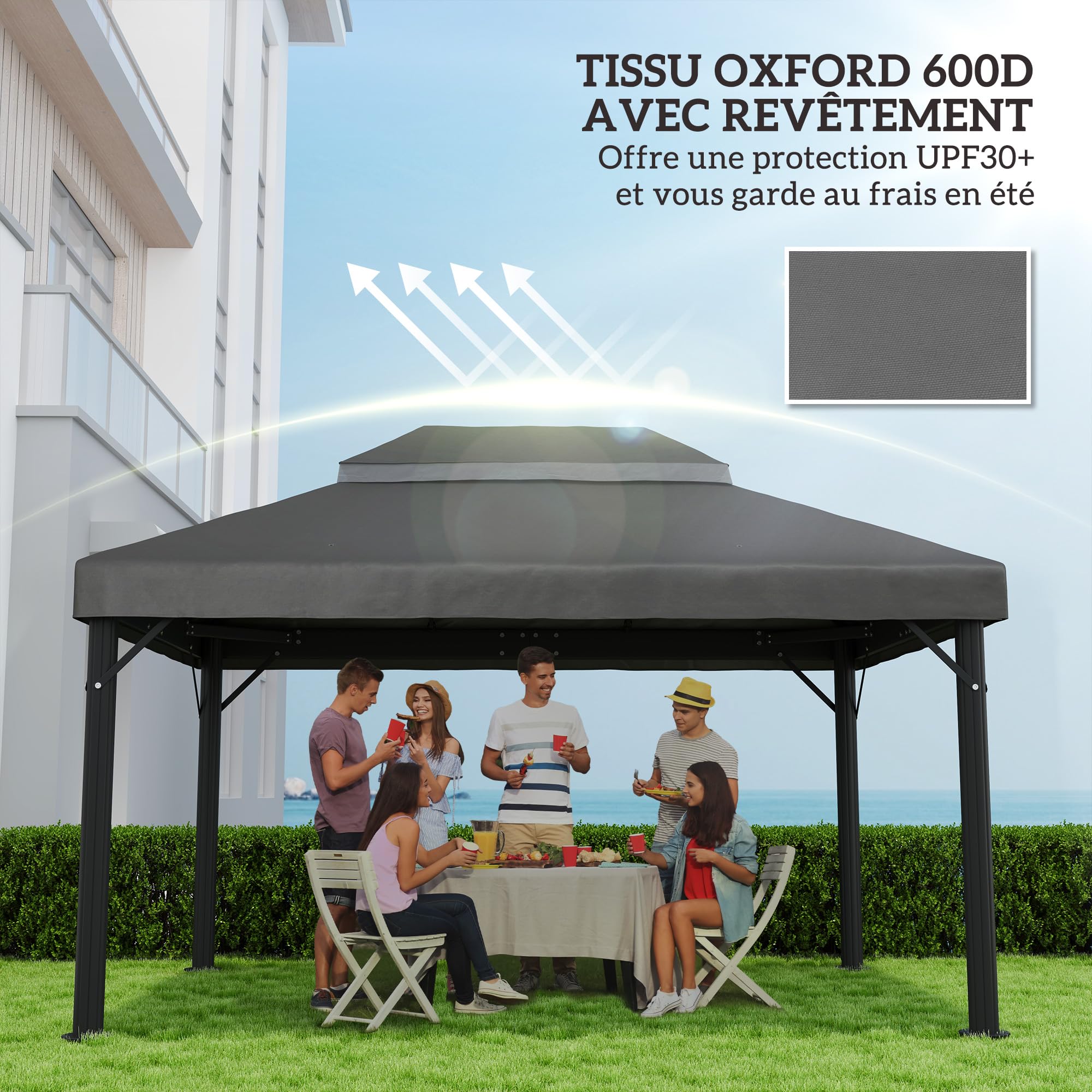 Outsunny Toile de Rechange pour Pavillon 4x3 m, Toit Double, Polyester 370 g/m², UPF30+, Gris Foncé