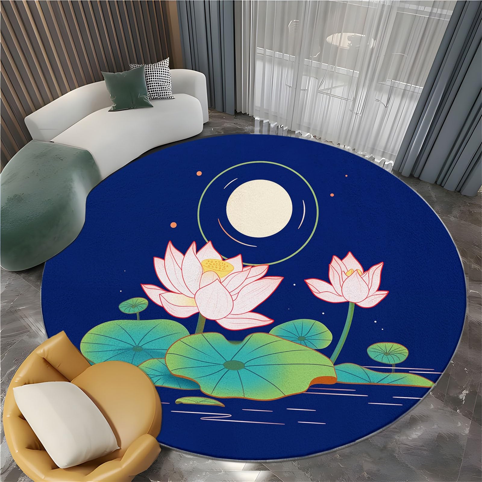 Générique Bleu Tapis Rond Lavable en Machine 120 cm, Lune Fleurs Lotus - Tapis Rond imprimé antidérapant à Poils Courts pour Salon, Chambre d'enfant, décoration de Chambre