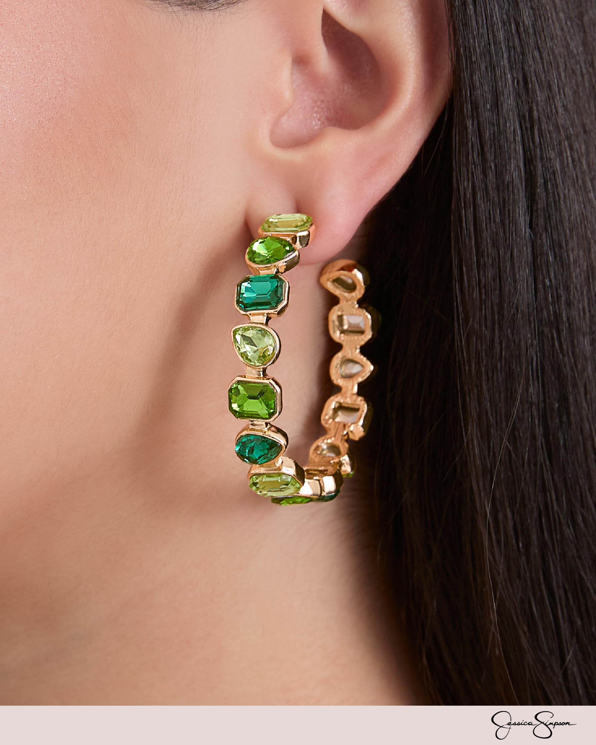 Jessica Simpson Colorful Green Hoop Earrings for Women – Gold-Tone Chunky Hoops with Mixed Gem Cut Crystals – Bold Fashion Jewelry