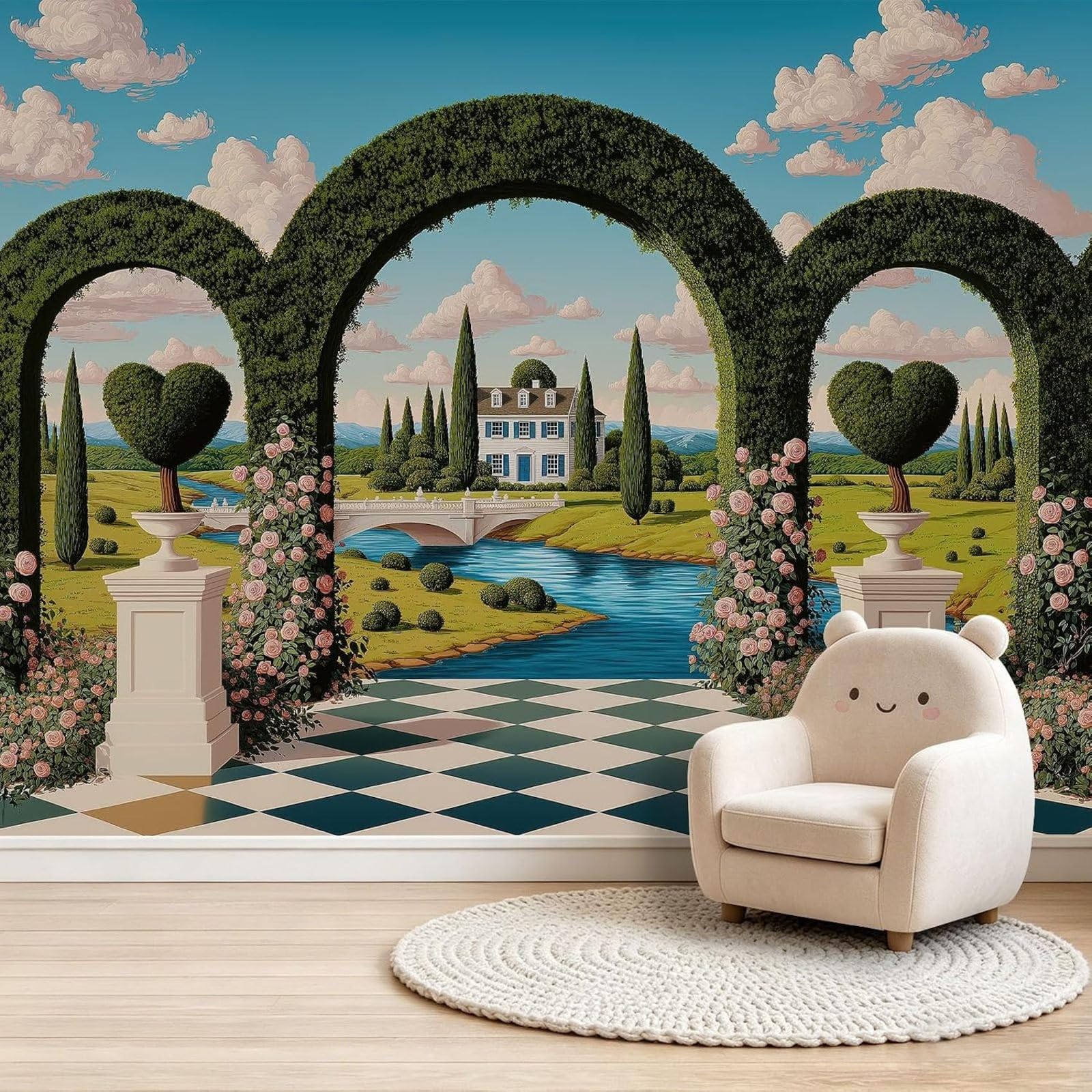 Kfjhgbdshhj 3D Mural Photo Mural-Wallpaper Green Non-Woven, Fantasy Checkerboard Meadow Archway Bedroom Living Room Panoramic Modern Children's Room Office Hallway Background Geometric Abstract Wall 350Cm X 256Cm Poste
