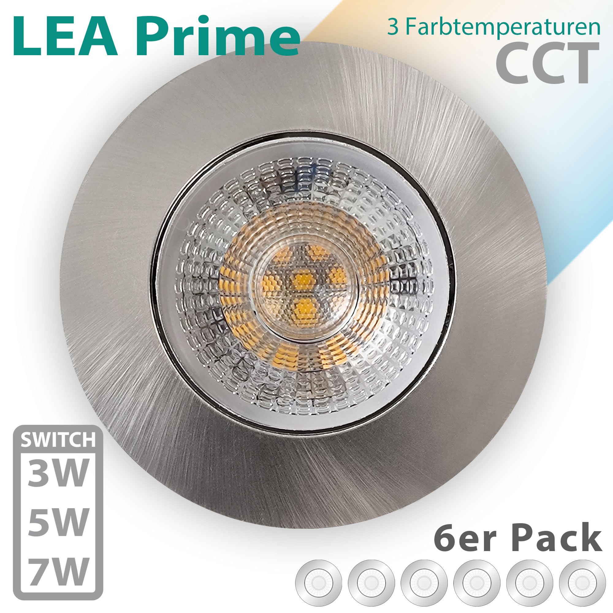 Maxkomfort 6er Set LED Einbaustrahler 230V Ultraflach & schwenkbar - 3 Lichtfarben (3000K/4000K/6000K) & 3W-5W-7W einstellbar, IP20 Deckenspots Edelstahl-Optik gebürstet - LEA-Prime