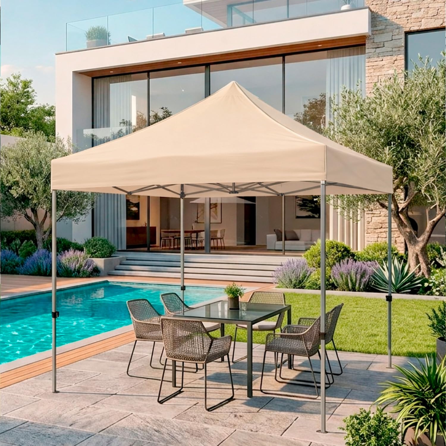 Gazebo Professionale 3x3 M Richiudibile Automatico In Acciaio Con Telo Oxford 1200D PVC Impermeabile e Anti UV Struttura a Fisarmonica con Sacche Zavorra e Borsa Trasporto Sagre Feste Eventi (Beige)