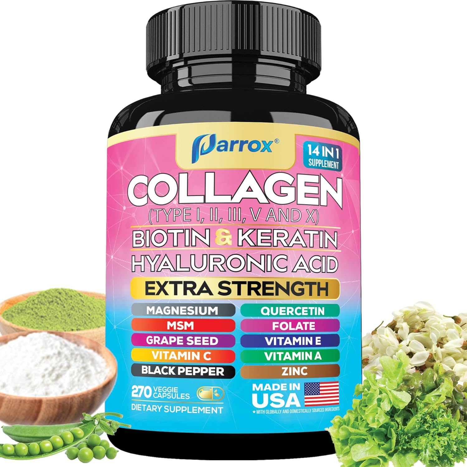 Collagen Peptides Types I, II, III, V & X, MCG Biotin, Keratin, Hyaluronic Acid, MSM, Zinc, Grape Seed Extract, Quercetin, Vitamin A, Vitamin C, Vitamin E, Magnesium, Folic Acid (270 Capsules) Collagen Peptides Types I, II, III, V & X, MCG Biotin, Keratin, Hyaluronic Acid, MSM, Zinc, Grape Seed Extract, Quercetin, Vitamin A, Vitamin C, Vitamin E, Magnesium, Folic Acid (270 Capsules)