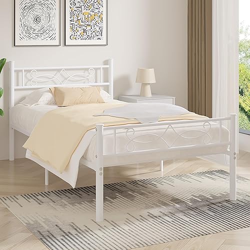 VECELO Base de cama individual, plataforma de metal de tamaño individual con cabecera y estribo, soporte de listones de acero de alta calidad, no