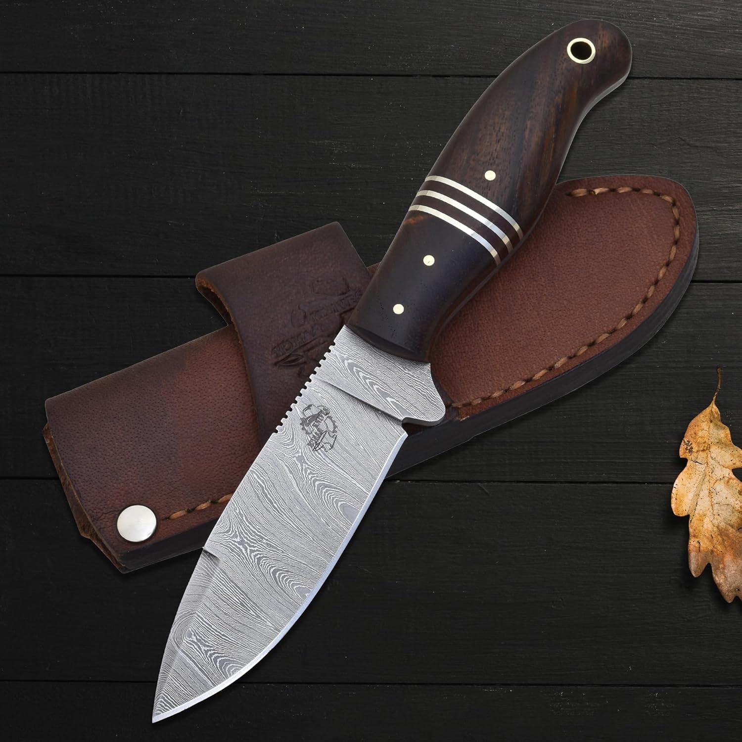 Knives Ranch Orca - Handmade Knife for Hunting, Camping, Bushcraft & Outdoors - Damascus Steel - Full Tang - Razor Sharp - Excellent Edge Retention - Rosewood Handle - Horizontal Carry Cowboy Sheath Snug FIt (3161-IRW)