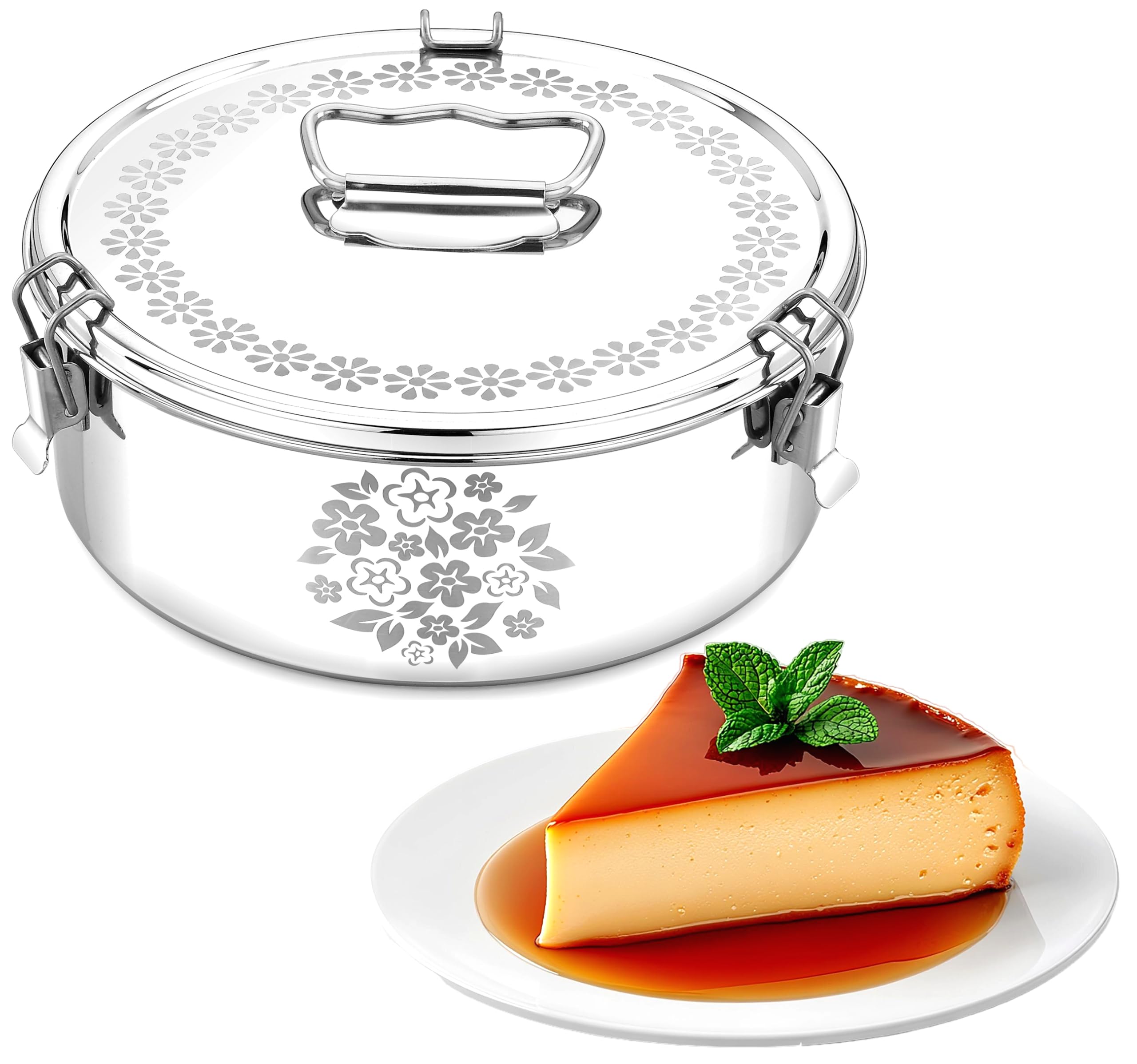 Stainless Steel Flanera (Laser Design), 8.6 x 8.6 x 3.5 Inches Flan Pan, Capacity 80 fl. oz, Compatible with Instant Pot 8qt, Molde Para Flan