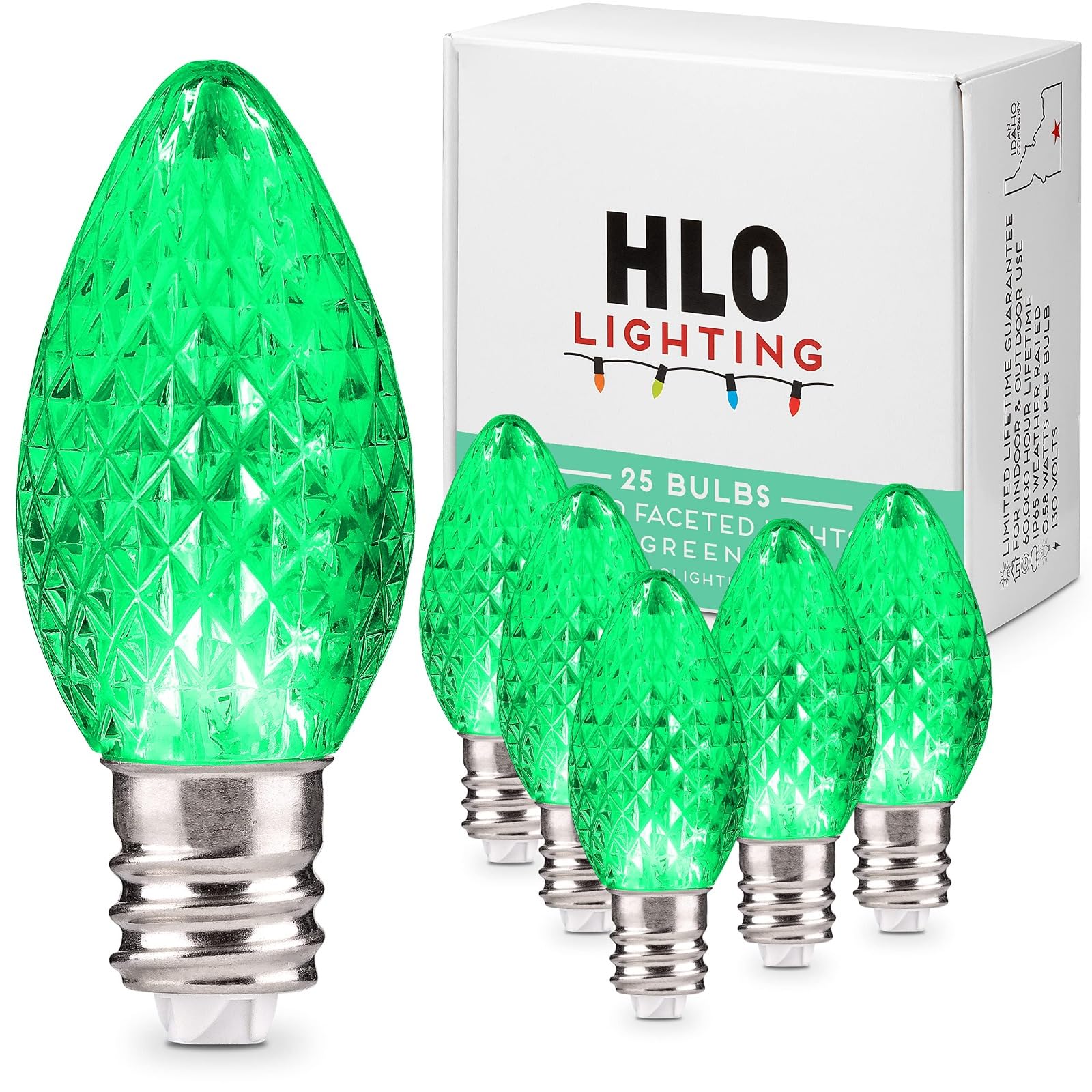 Holiday Lighting Outlet LED C7 replacement Christmas Light bulbs, Commercial grade, 3 diodi (LED) in ogni lampadina, Fits into E12 Sockets, plastica, Green, C7, E12 0.96 watts