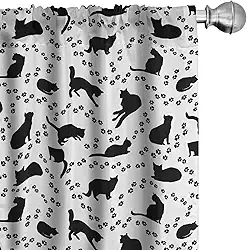Ambesonne Cortinas de janela de gato, silhueta de gato e padrão de pegadas de animais pegadas de gatinhos poses diferentes, decoração leve conjunto de 2 painéis com bolso para haste, par de - 71 cm x