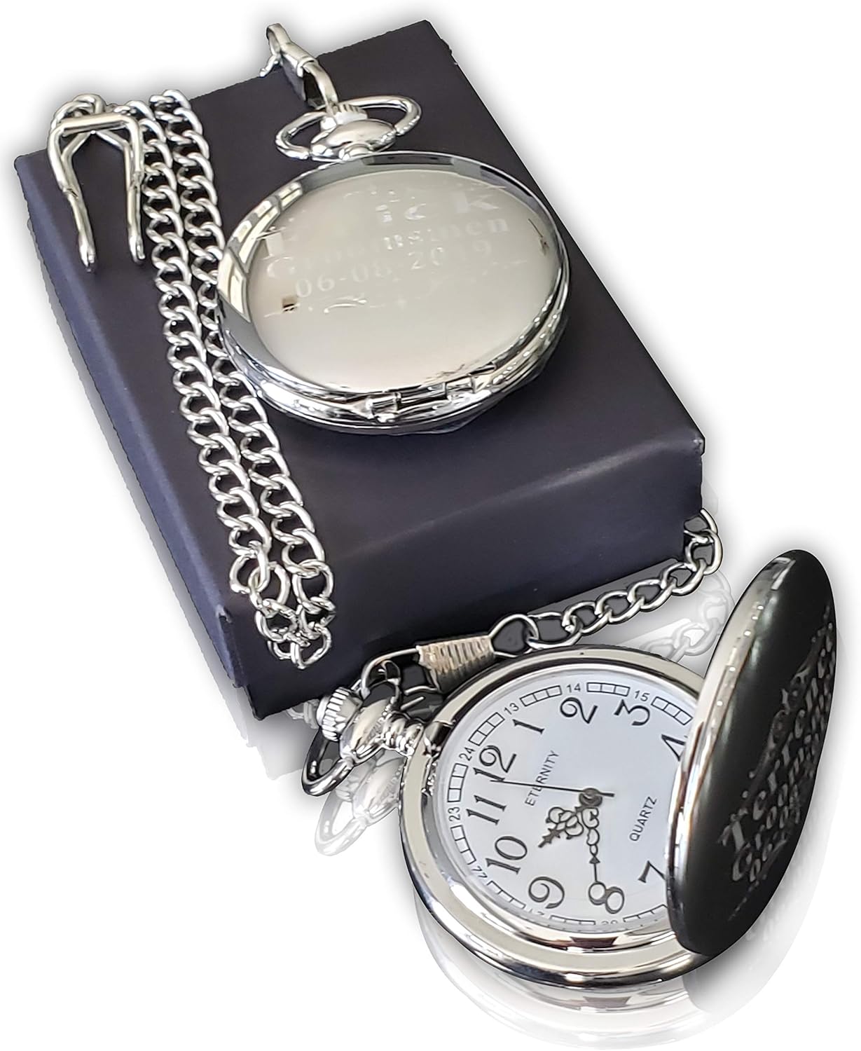 9 Engraved Pocket Watches Custom Fitted Box Included, Buckle Chain, Engraving Included. Pocket Watch, Battery Included, Assorted Colors Set of 9