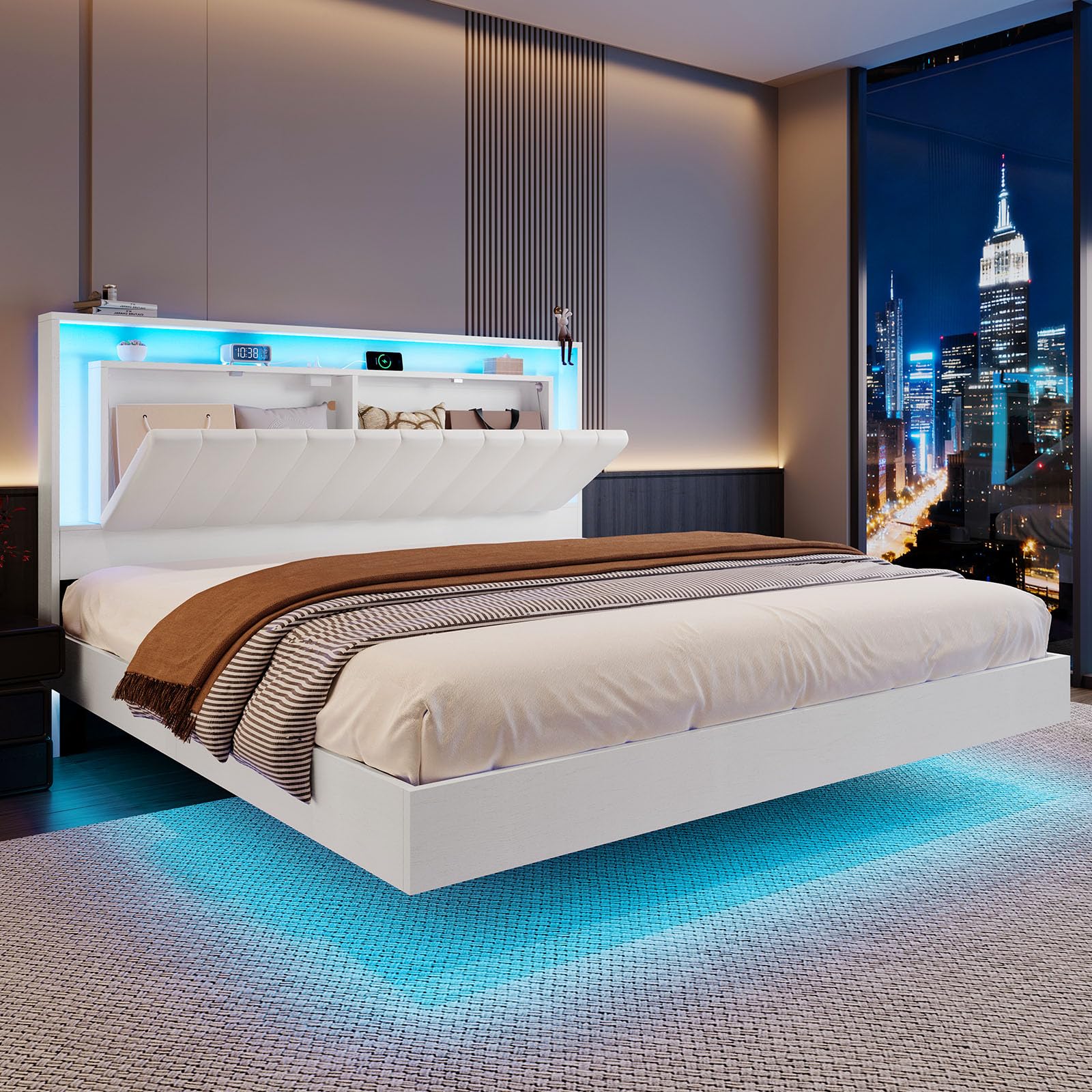Belffin Floating Bed Frame Queen Size with LED Lights & Charging Station, Wooden Headboard with Hidden Storage and Faux Leather Backrest, Easy