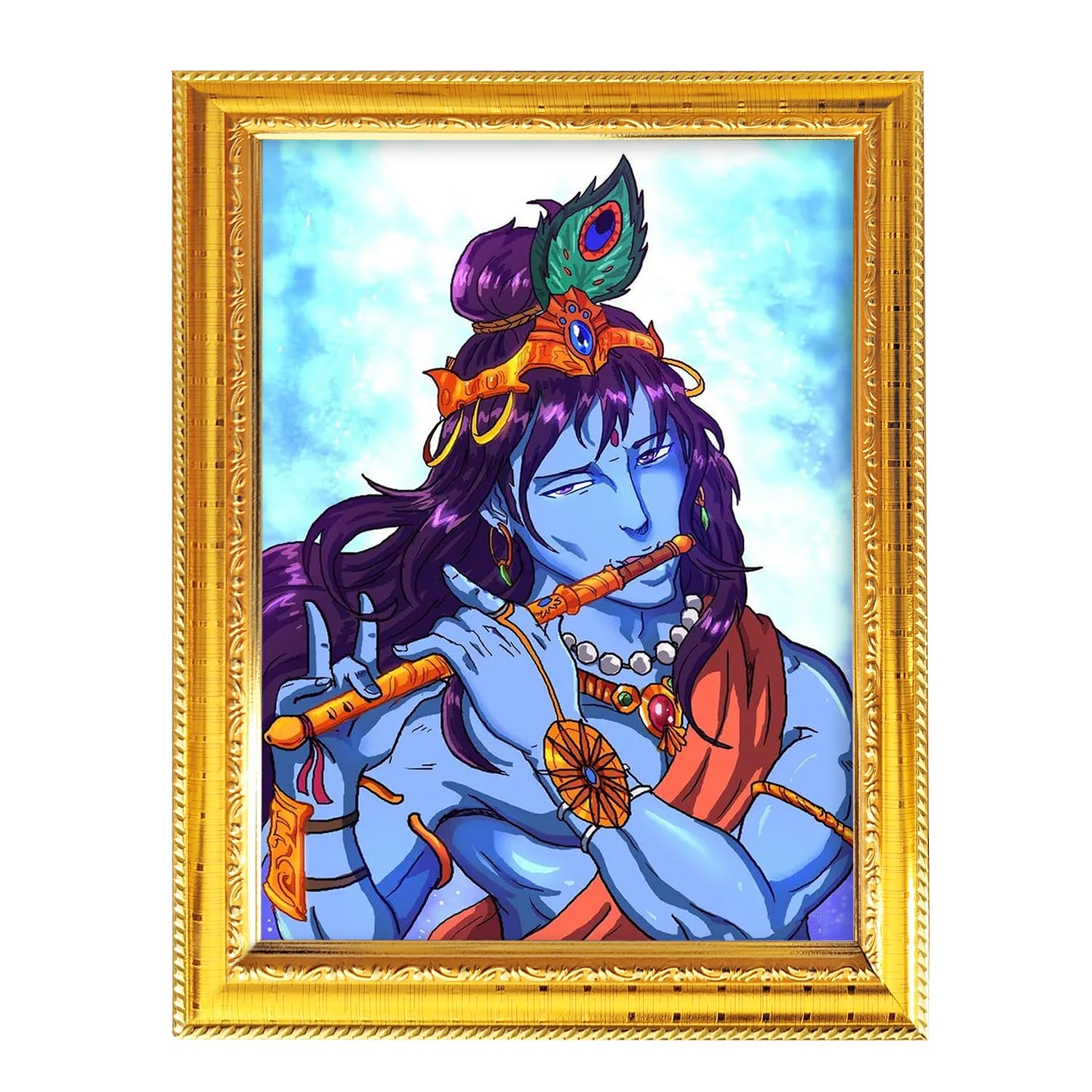 Lord Krishna Religious Indian Hindu God Idol Golden Photo Frame For Worship Pooja Temple Wall Hanging And Table Décor 8.3X6.5