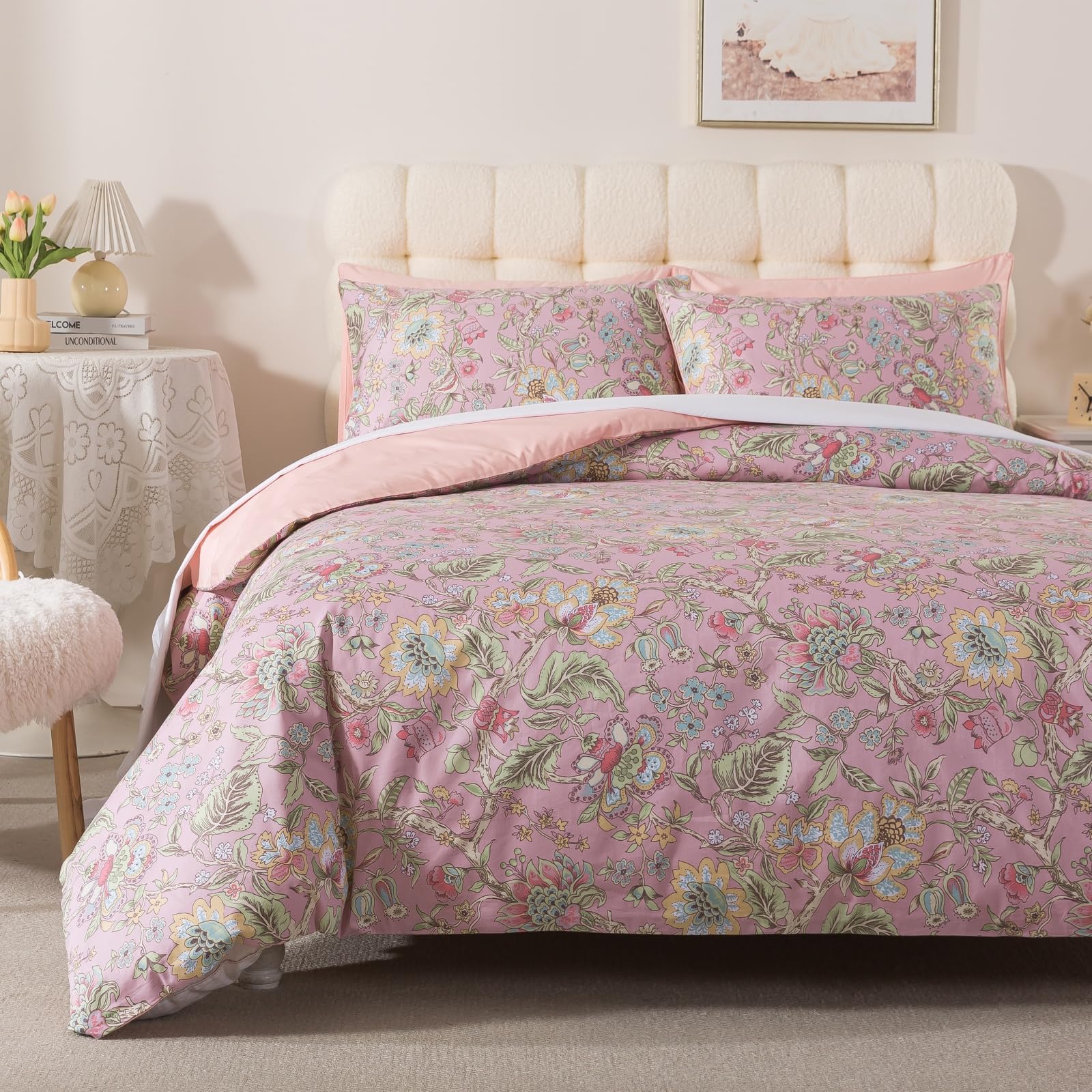 USTIDE Pink Floral Duvet Cover Set 3 Pcs Double Size 100% Cotton Shabby Vintage Flower Bedding Set Large Flower Comforter Cover Set Romantic Quilt Cover Set Zipper Corner Ties — image 1