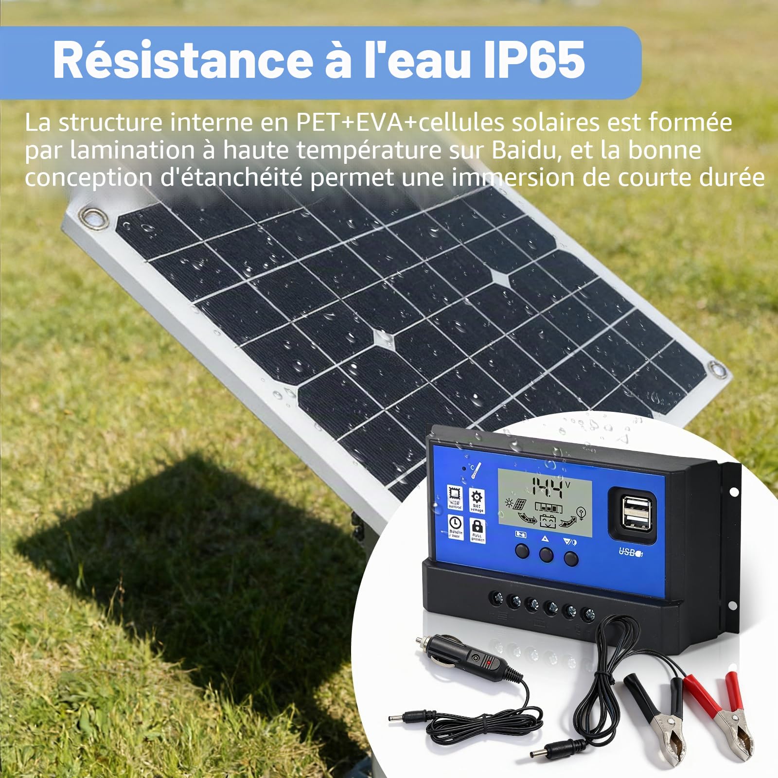 Kit Solaire 20W, Panneau Solaire Flexible avec Régulateur 10A, Chargeur Solaire pour Batteries de Voiture 12V, Étanche IP67 pour Voiture, Bateau, Camping-Car et Moto