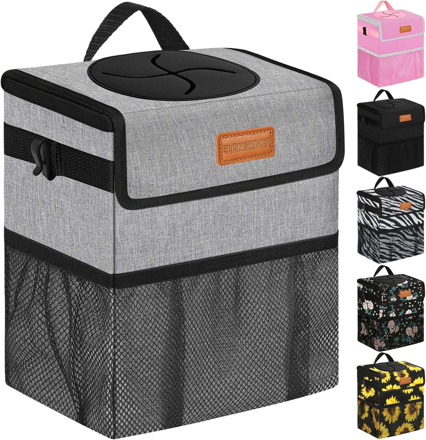 ELONGRIVER Car Trash Can Bin for Back Seat Leak Proof, Cute Car Trash Bag Hanging, Vehicle Trash Can for SUV Truck Van, Automotive Garbage Cans Front Seat Grey