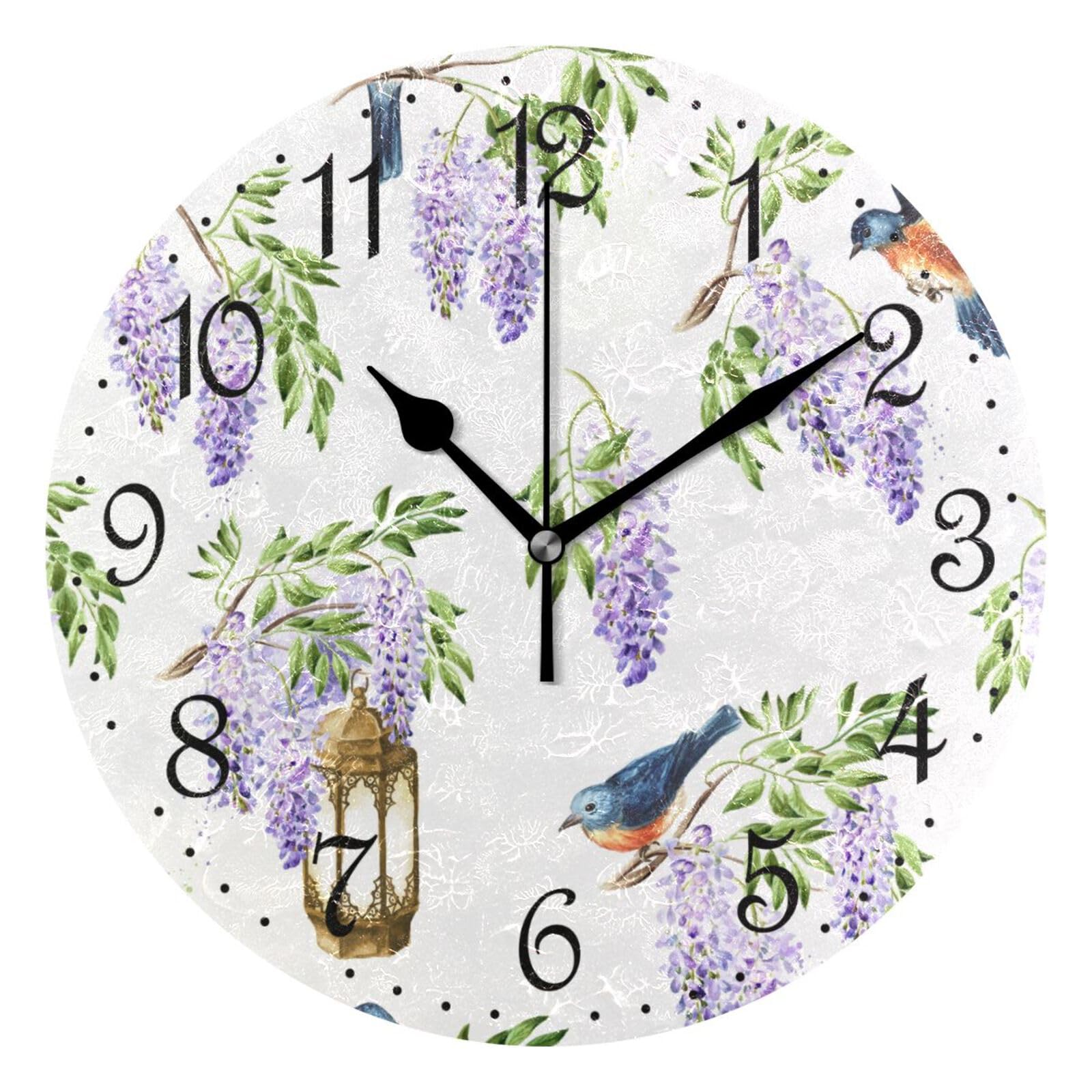 Mnsruu Wall Clock Wisteria Flowers Birds, Silent Non-Ticking Decorative Wall Clocks Battery Operated 25x25cm