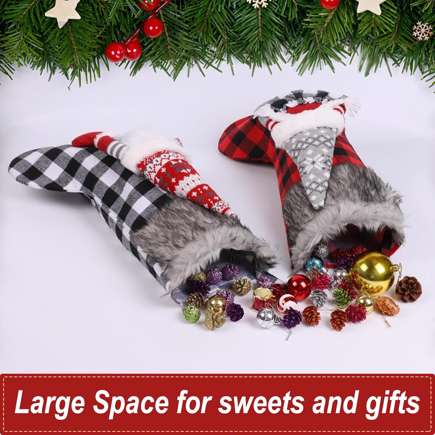 Anntool 2 Pcs Buffalo Plaid Christmas Gnome Stockings, 19 Inch Large Size Cotton Checkered Fireplace Hanging Stockings with Faux Plush Cuff, 3D Gnomes Ornaments Candy Gift Bags for Home Decor
