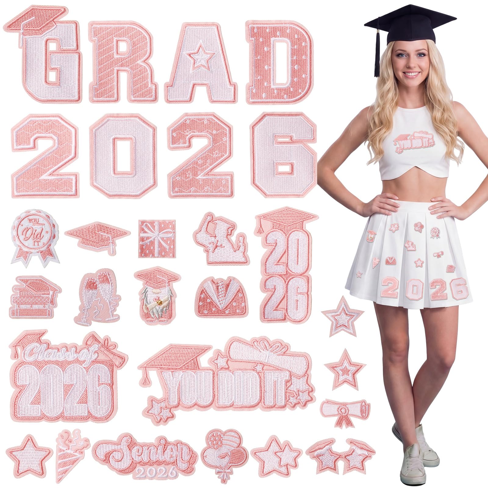 Photo 1 of Tigeen 64 Pcs Graduation Iron on Patches Class of 2026 Embroidered Patches Grad Senior Letter Heat Transfer Sew on Applique Decals for Lei, Stole, Caps, Clothes, Jacket, Jeans(Pink and White)