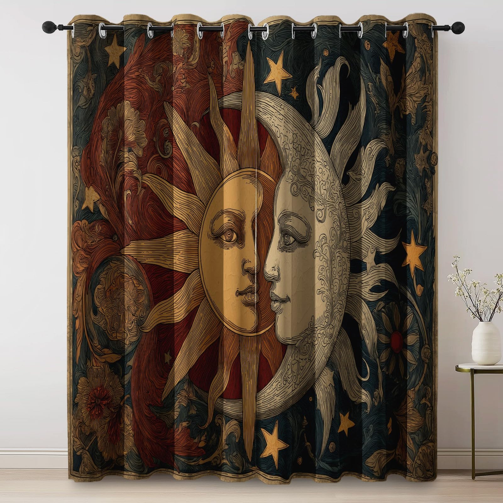 Cortinas Opacas Salon Modernas - Retro Sol Luna Termicas Aislantes Cortinas Corredizas con Ojales, Negro 2 Piezas para Dormitorio Habitación de los Niños 117 An x 229 Al cm