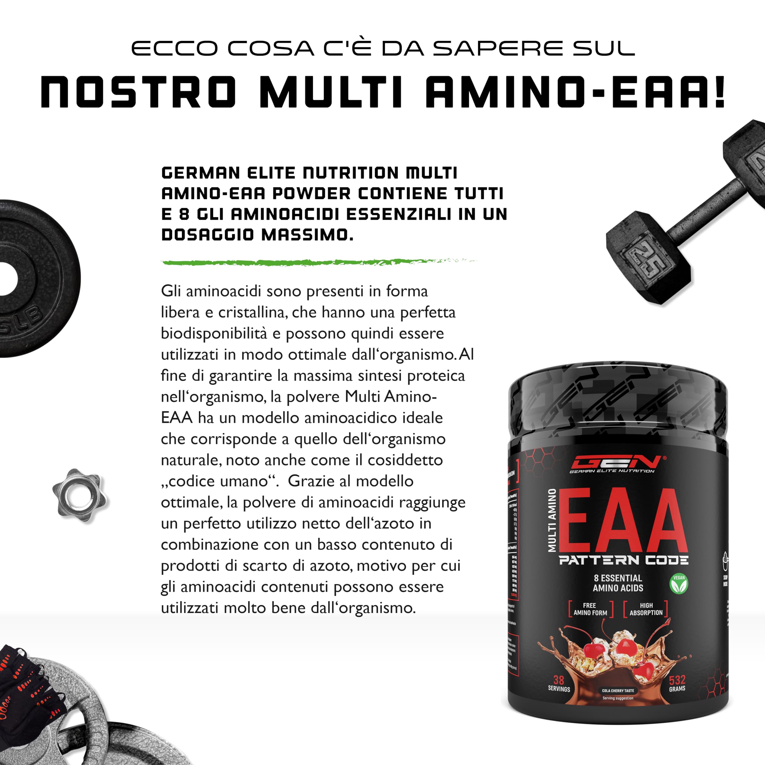 EAA Polvere - 532 g - (Cola Cherry) - Formula Codice Umano - Tutti gli 8 aminoacidi essenziali - Bevanda Amino per l'Allenamento - Gusto delizioso - Vegano