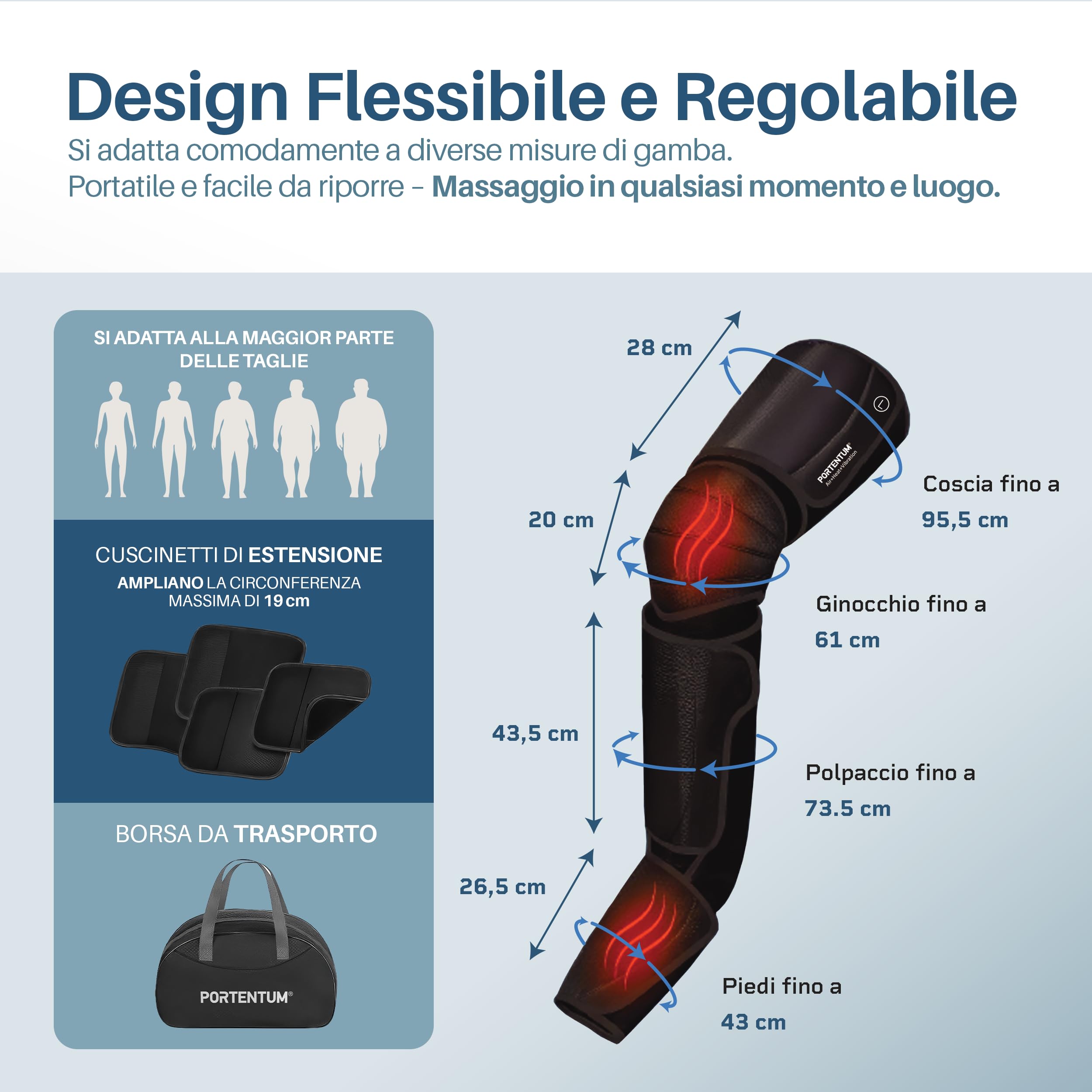 PORTENTUM Pressoterapia linfodrenaggio – Massaggiatore gambe con calore regolabile – 5 intensità compressione ad aria – Telecomando – Sollievo gambe stanche e migliore circolazione – Borsa trasporto
