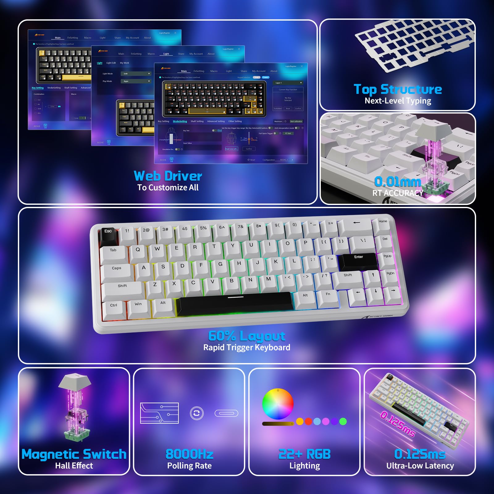 MAMBASNAKE x ATTACK SHARK Clavier Et Souris De Jeu Filaires, 59g Souris Sans Fil Superlight PAW3311, Mini Clavier Magnétique à Déclenchement Rapide 65% Avec Câble Spiralé 8Khz, QWERTY Pour PC -Blanc