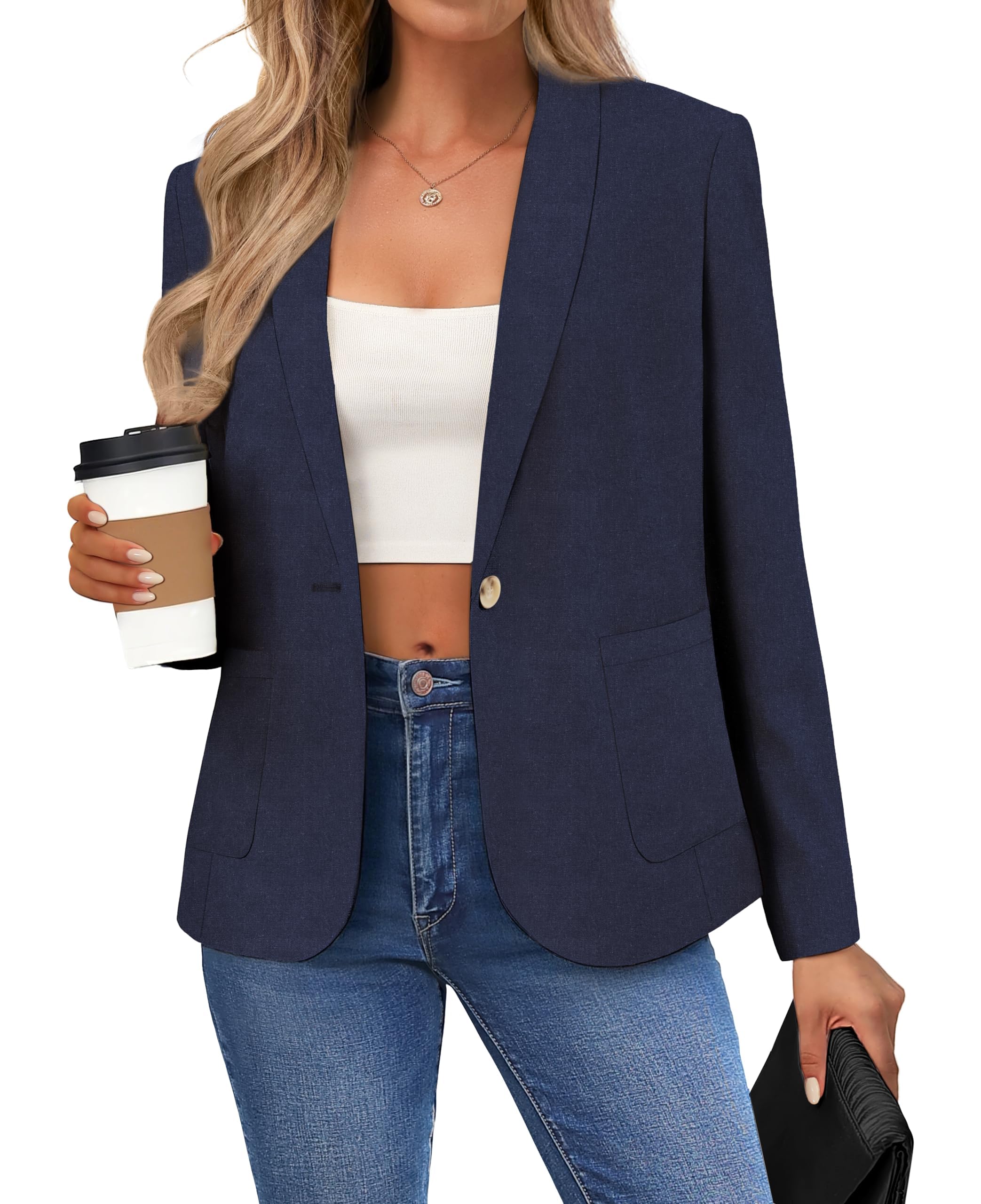 Belle Poque Womens Linen Blazer Lightweight Long Sleeve Shawl Lapel Suit Jacket Coat for Office Work Travel