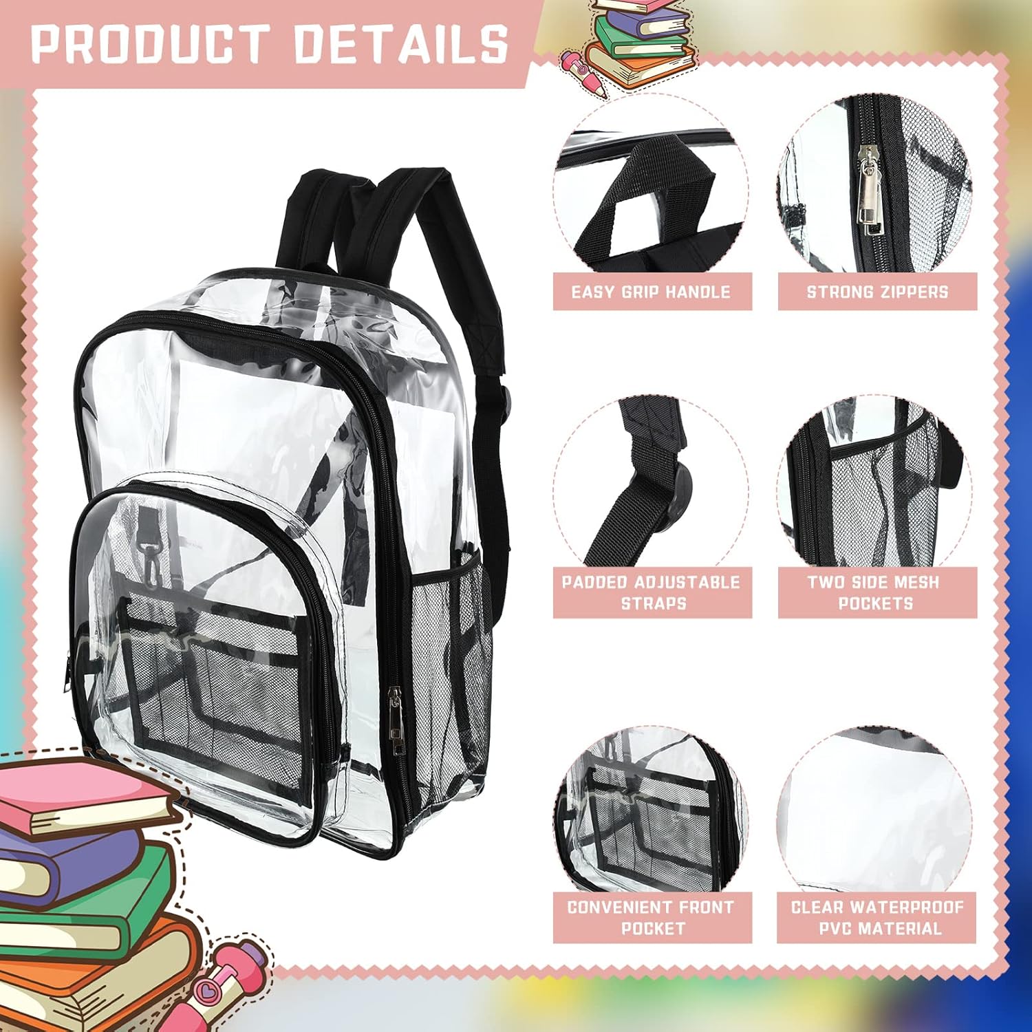 Sanwuta 8 Pcs 17 Inch Clear Backpack Bulk for Students, Heavy Duty PVC Transparent Backpack Stadium Approved Bookbag (Black)